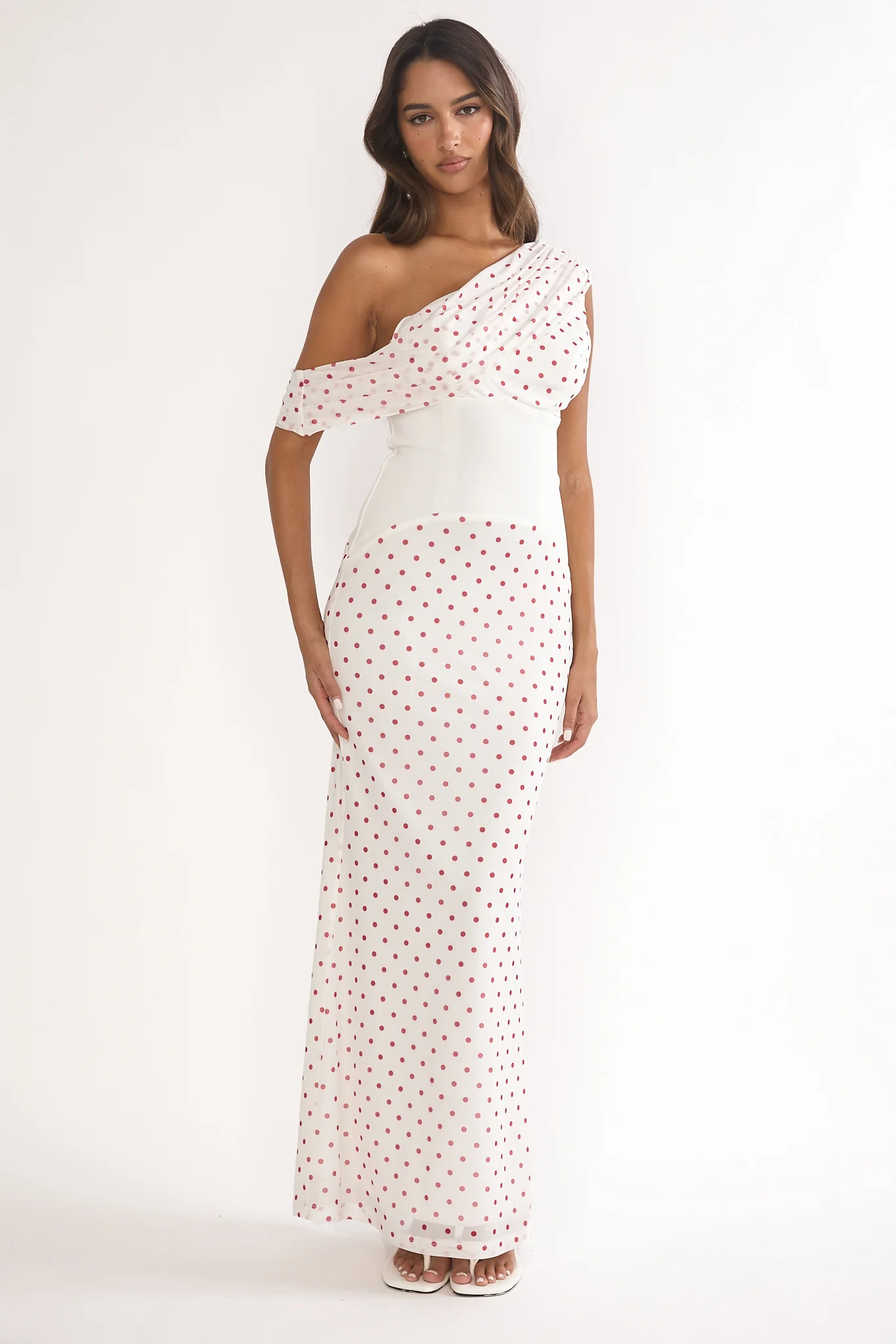 Milos Asymmetric Neckline Maxi Dress Polka Dot Red