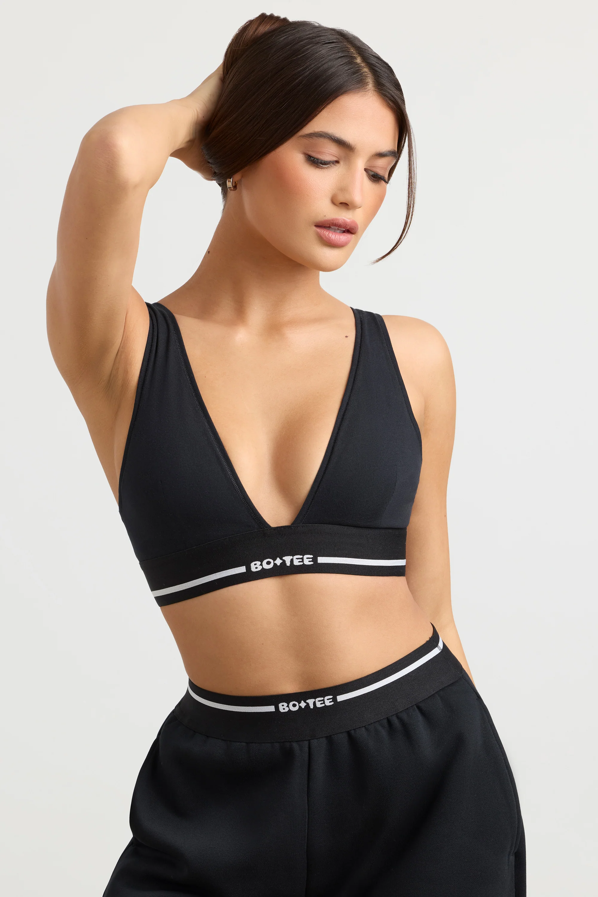 Stretch Cotton Jersey Plunge-Neck Crop Top in Black