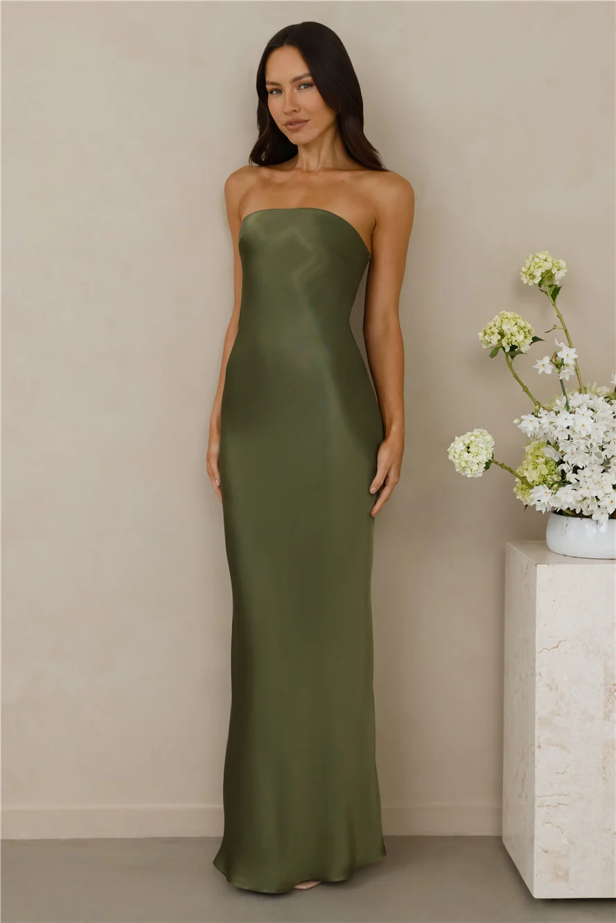 The Felicity Strapless Satin Maxi Dress Olive