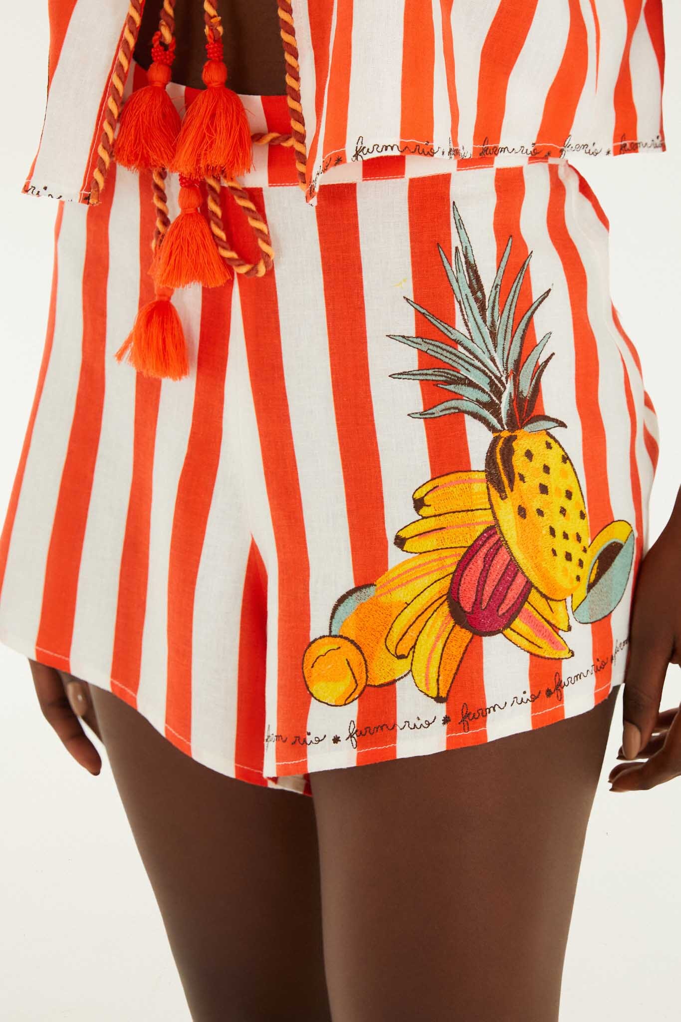 Red Fruit Stripes Embroidered Rope Ties Shorts