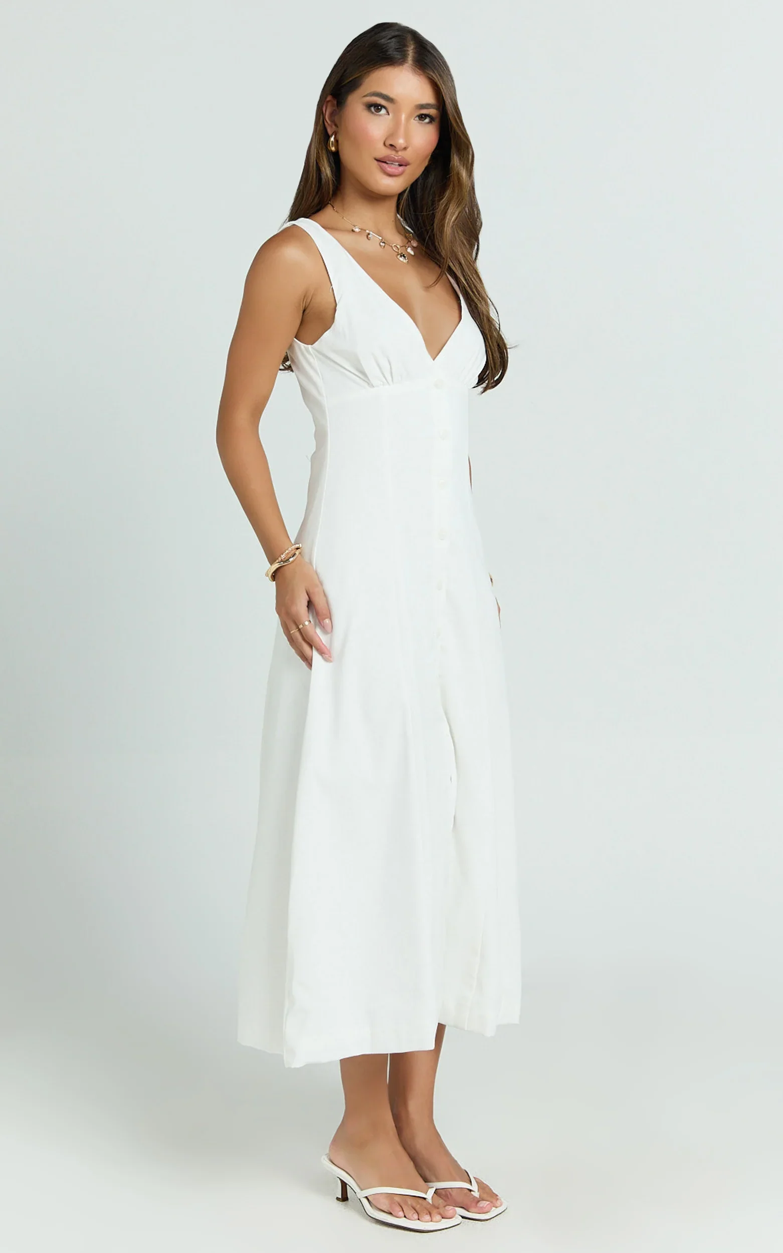 Zula Midi Dress - V Neck Sleeveless Under Bust Seam Circular Skirt Dress in White
