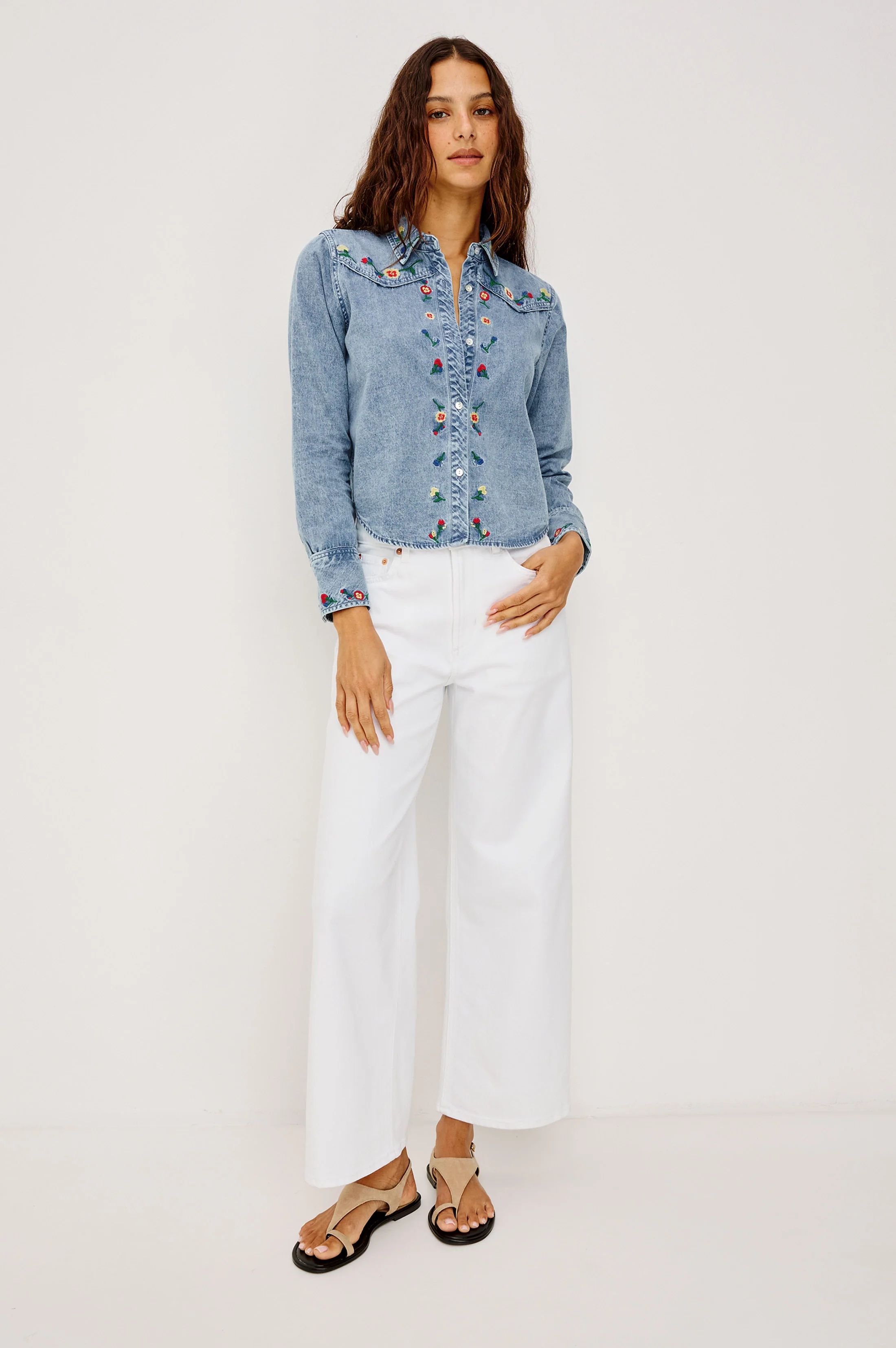 Bari Shirt - Faded Indigo Floral Embroidery