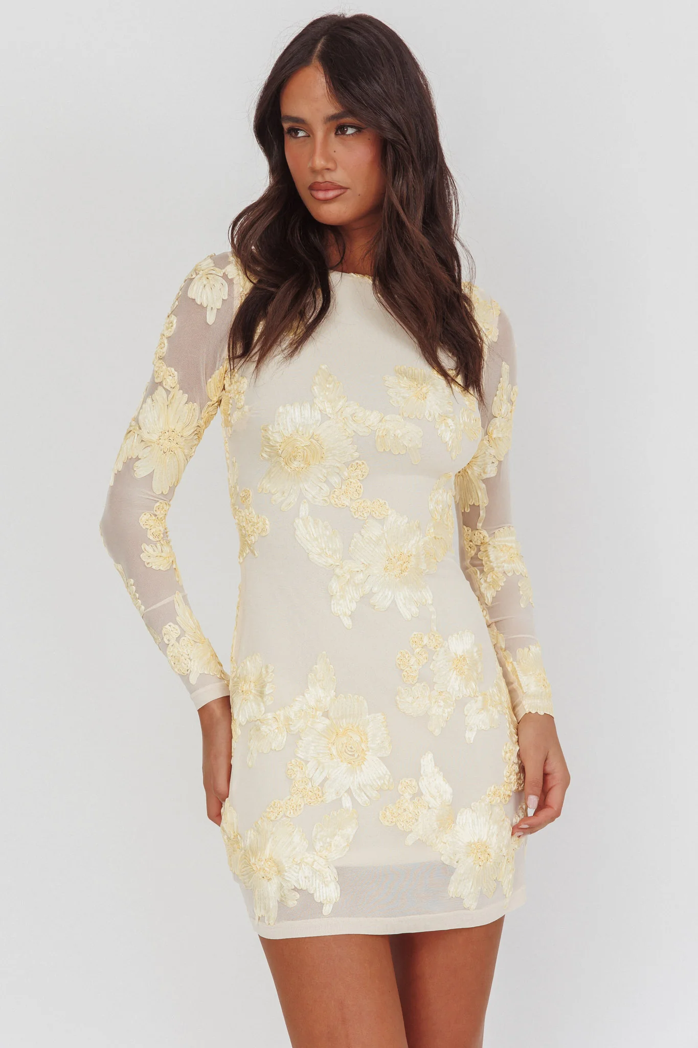 Karma Long Sleeve Scoop Back Dress Embellished Yellow - luluinthesky