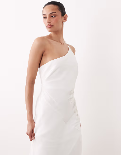 Six Stories chiffon one shoulder embellished detail tiered maxi dress in white
