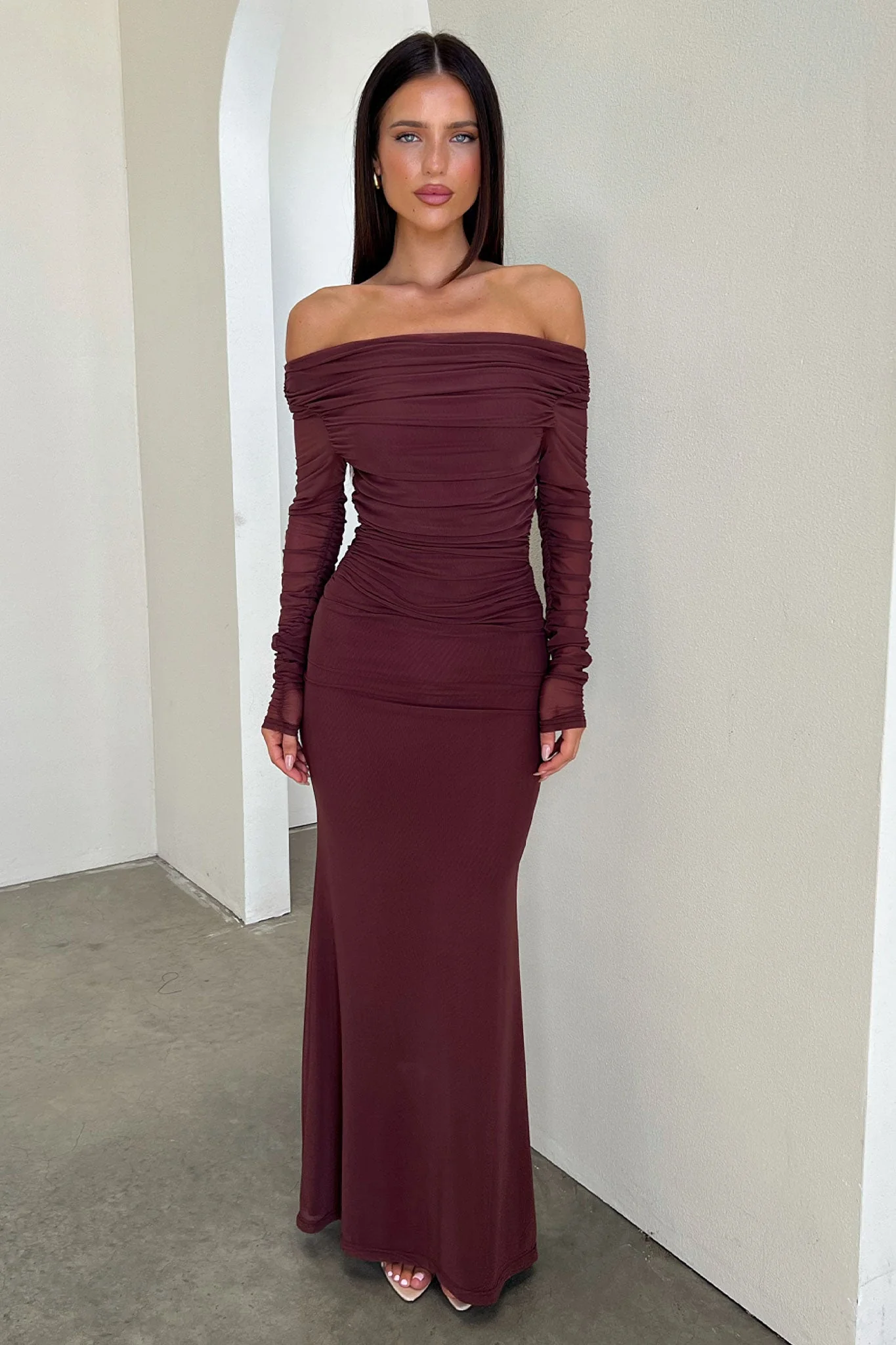 Rowan Long Sleeve Mesh Maxi Dress -  Brown