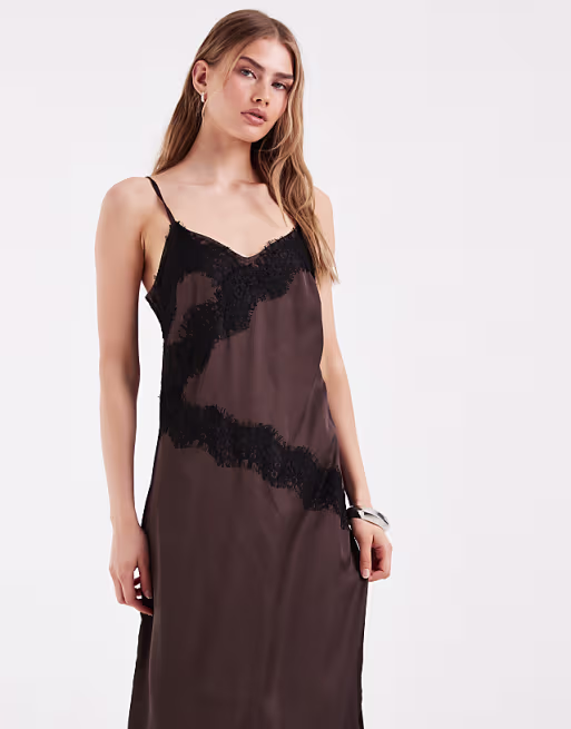 PIECES satin cami maxi dress with lace trim in chocolate brown