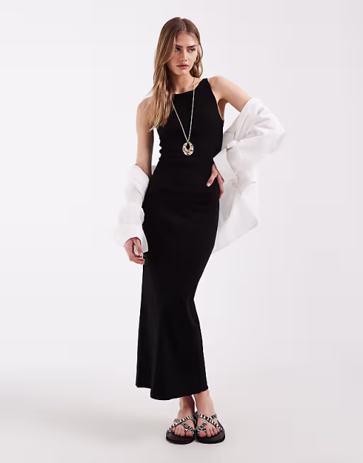 ribbed midi tank dress in black