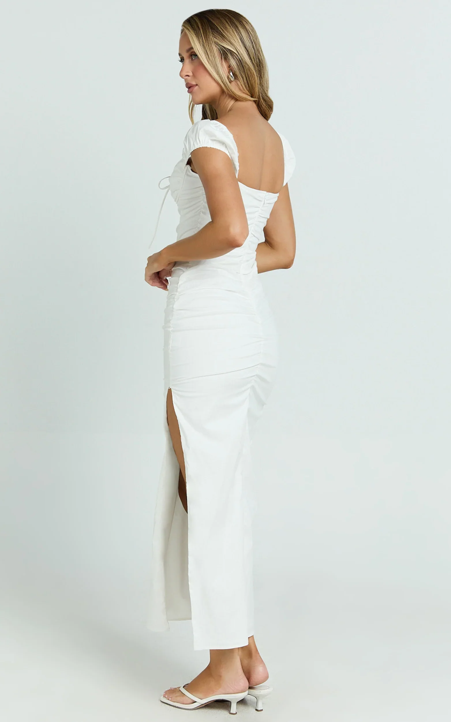 Farrow Midi Dress - Cap Sleeve Ruched Bust Fitted Dress in Off White