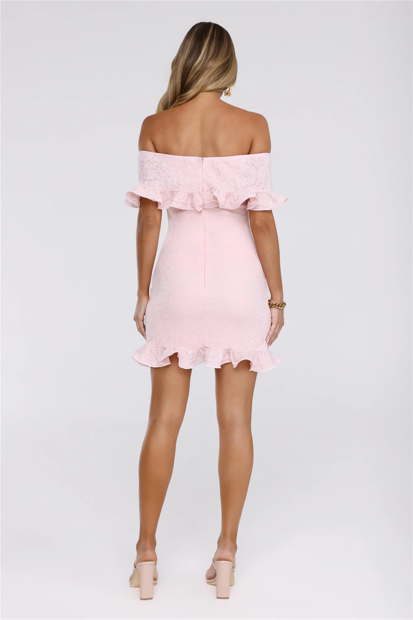Glimmering Noir Off Shoulder Lace Mini Dress Pink
