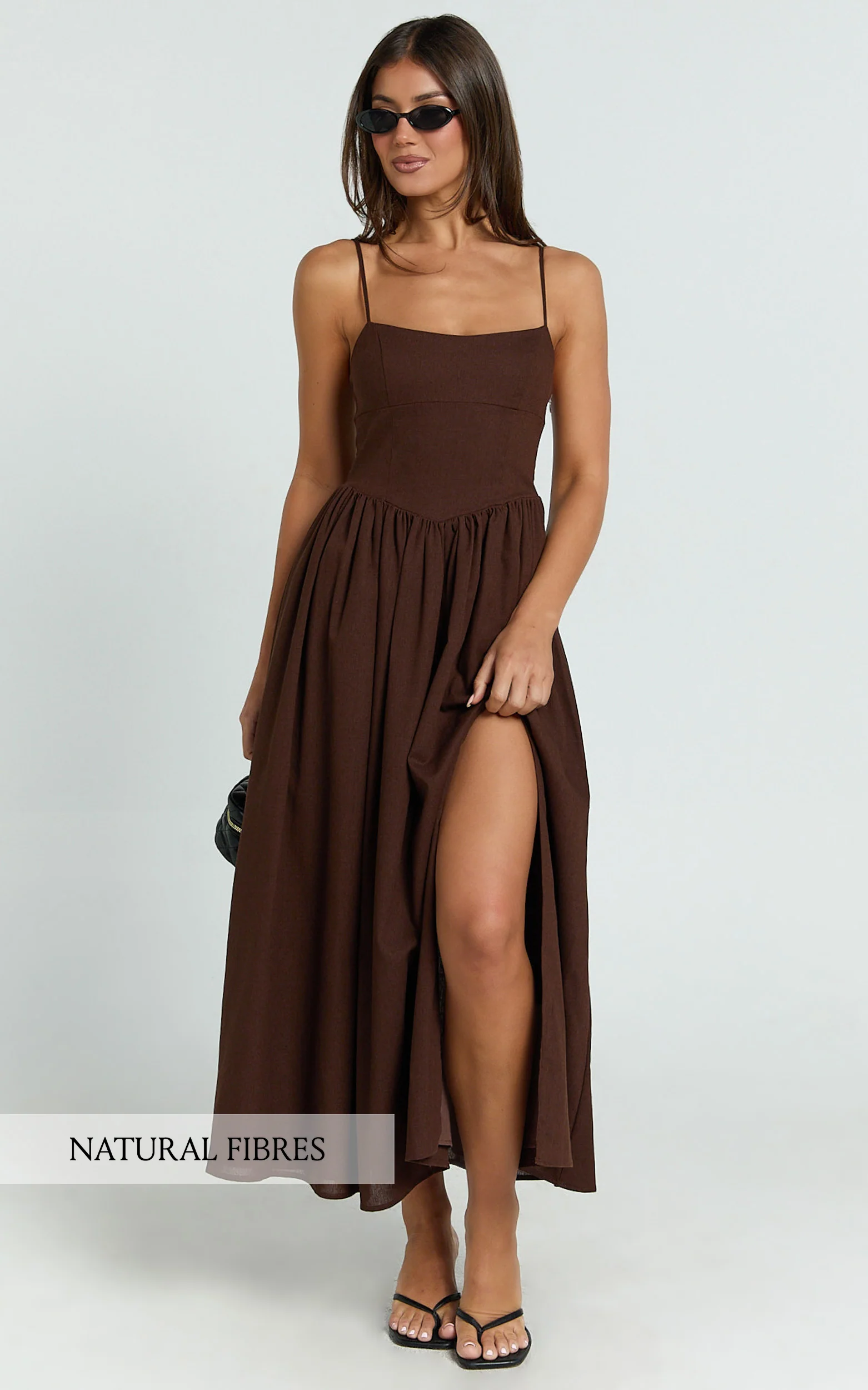 Morris Midi Dress - Linen Scoop Neck Gathered Dress in Chocolate