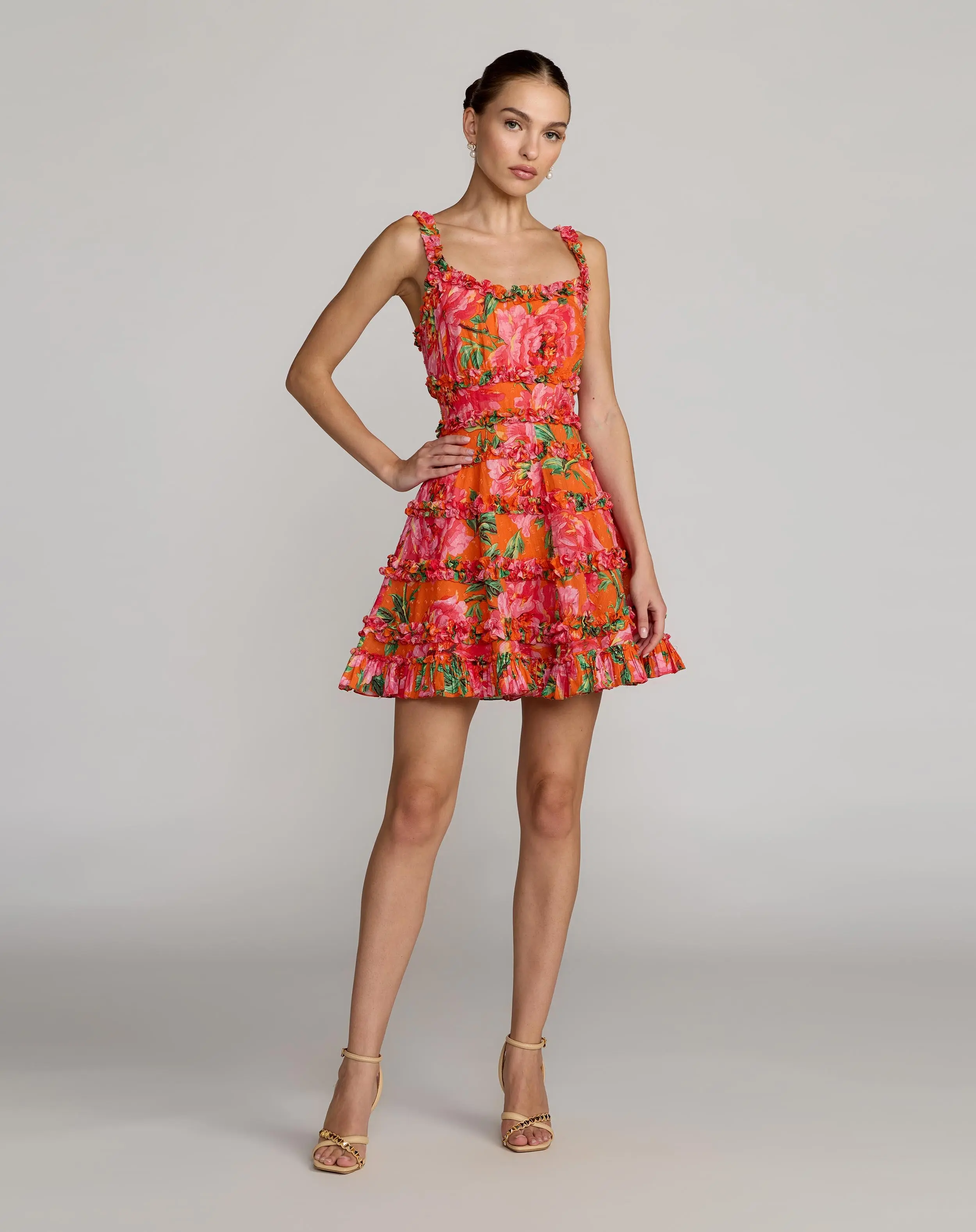 Orange Floral Square Neck Ruffled Cotton Mini Dress