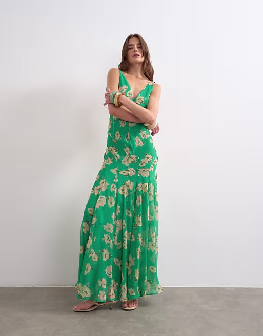 Topshop chiffon maxi dress with seam detailing in green floral
