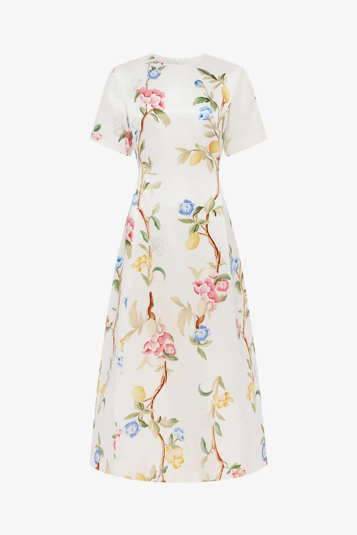 Caroline Short Sleeve Midi Dress - Lemon Vine Print in Snow