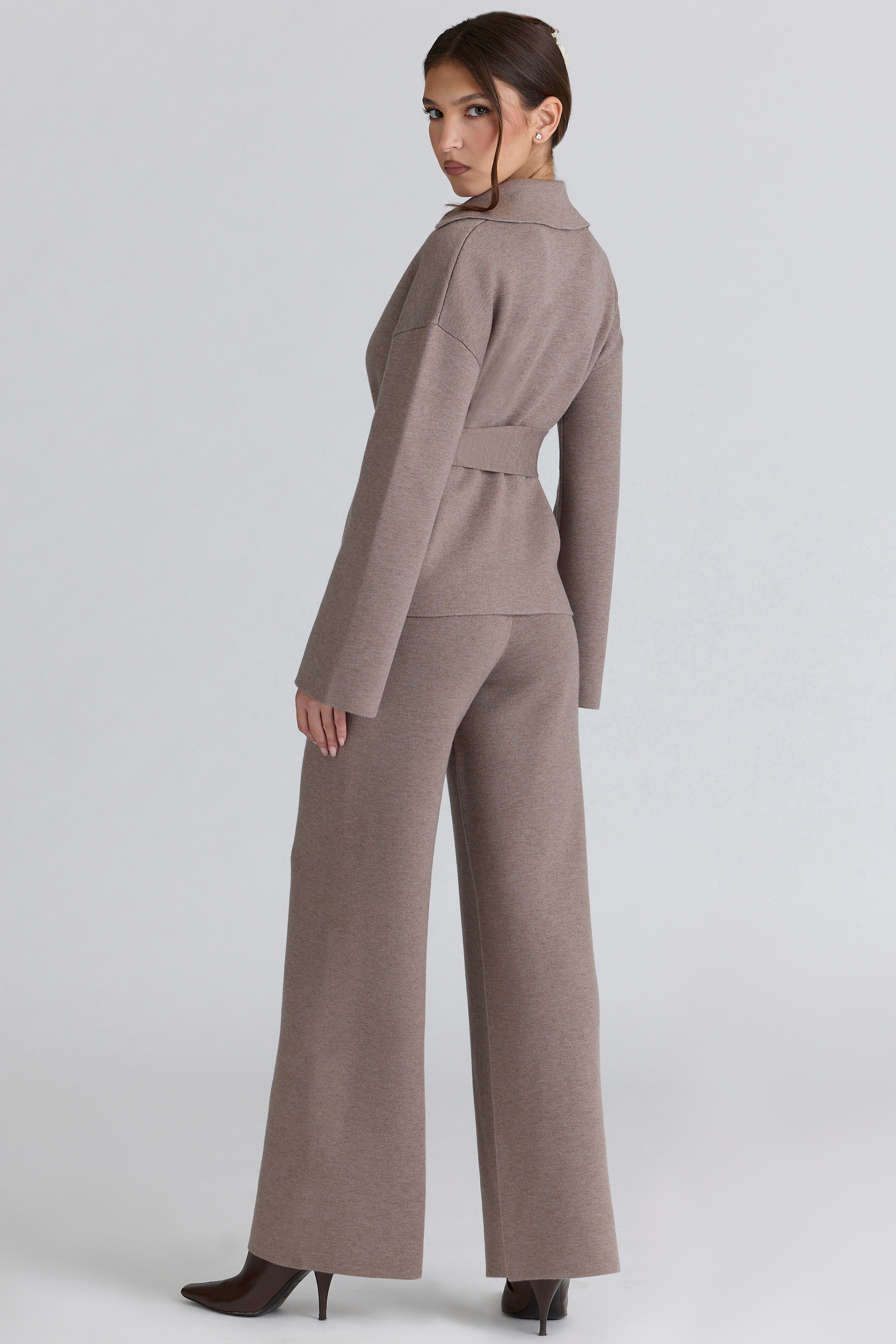 Taupe Wool Wide Leg Trousers