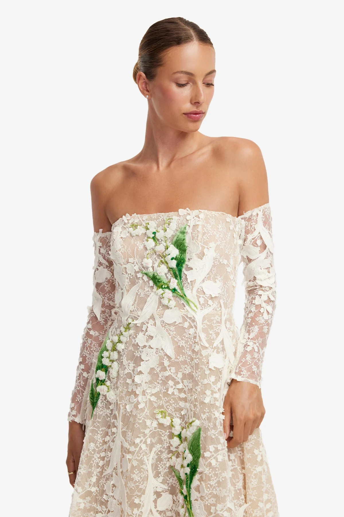 Ana Off-Shoulder Embellished Lace Bustier Midi Dress - Snow Meadow