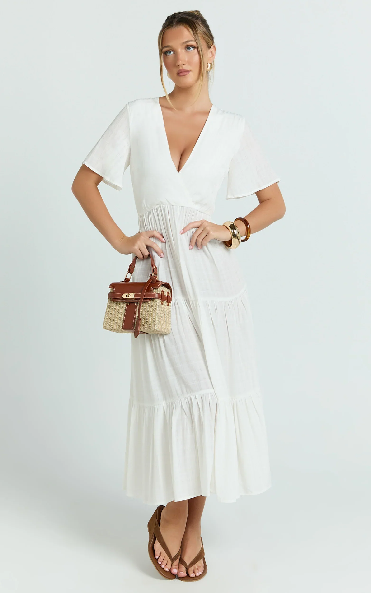 Cryzel Midi Dress - Flutter Sleeve Tiered Dress in White