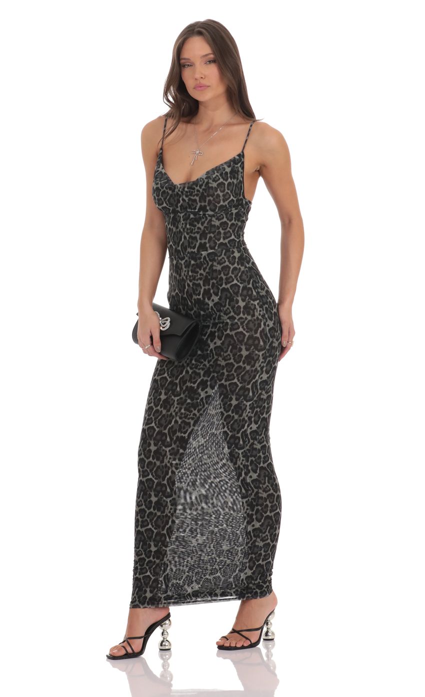 Mesh Cowl Neck Maxi Dress in Cheetah Print