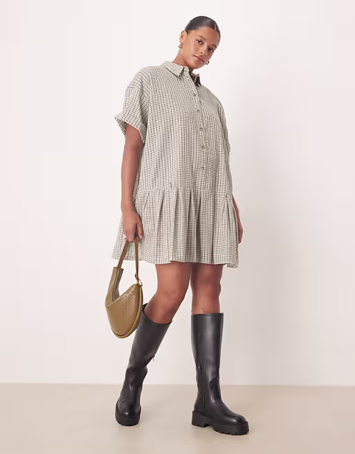 Curve boxy mini shirt dress with dropped waist in black and white plaid