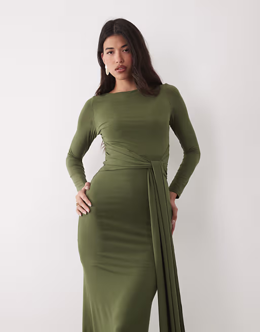 TFNC slinky slash neck drape front long sleeve maxi dress in olive