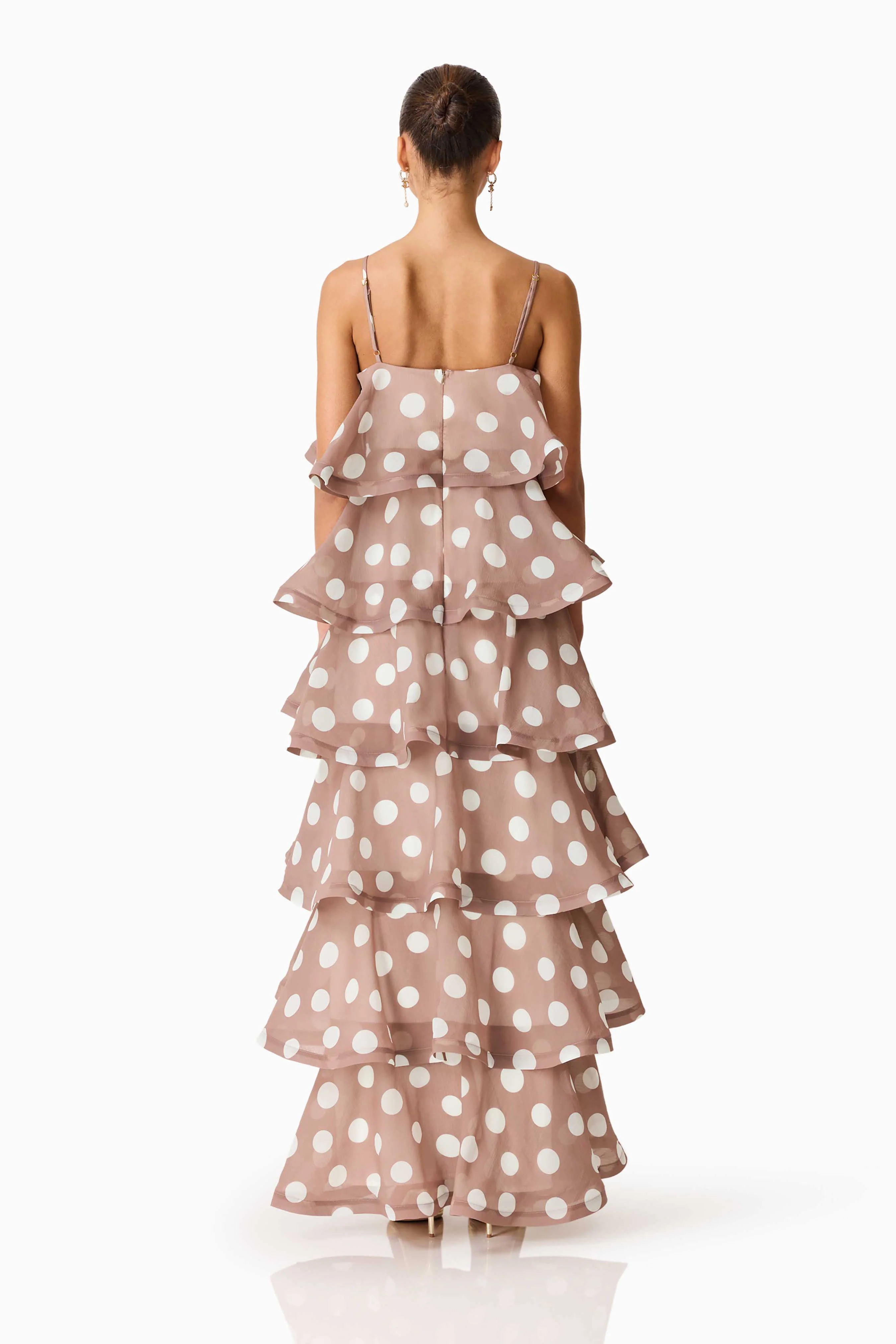 Sola Tiered Maxi Dress in Brown Polkadot
