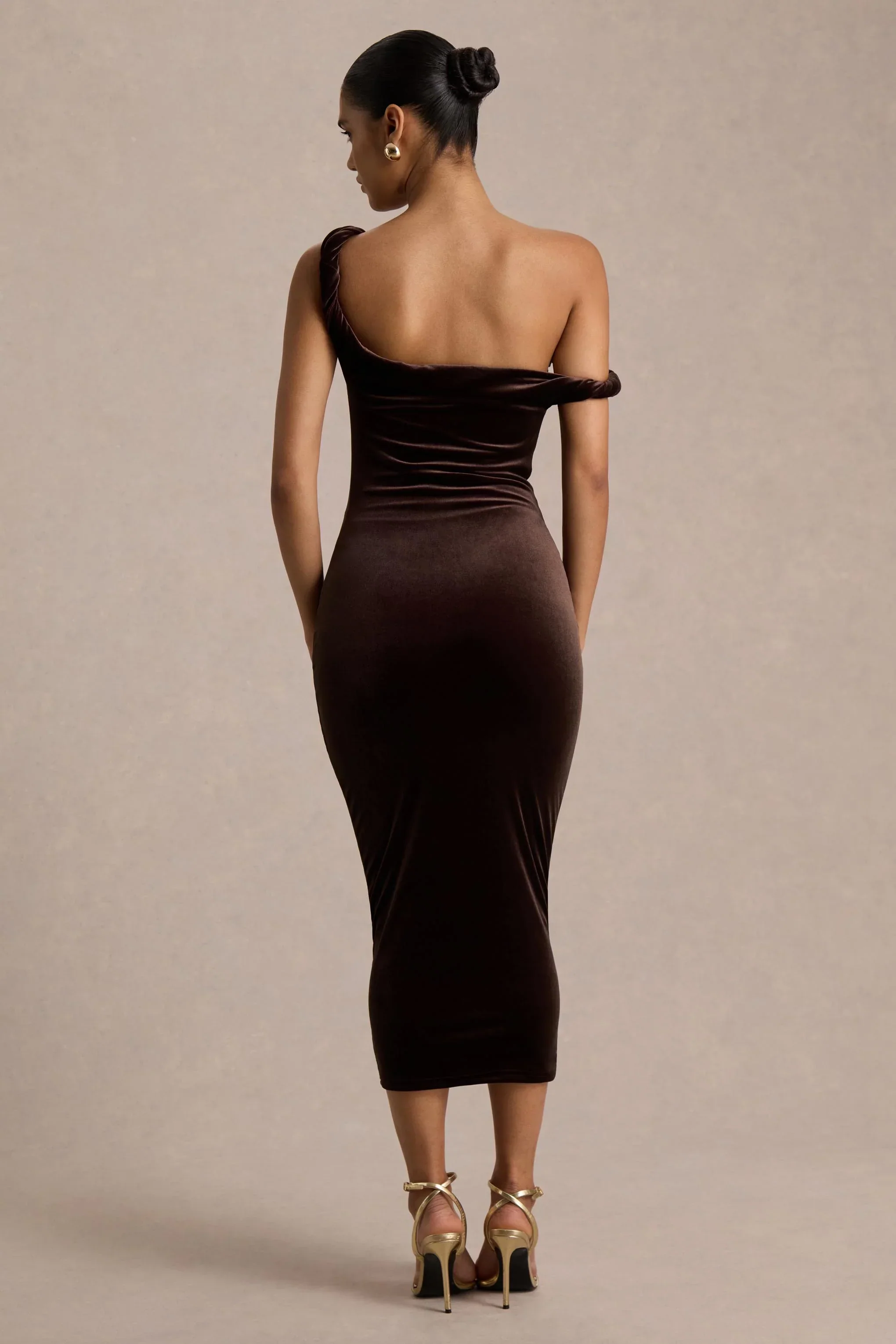 Carella | Brown Velvet Twisted Asymmetric Midi Dress
