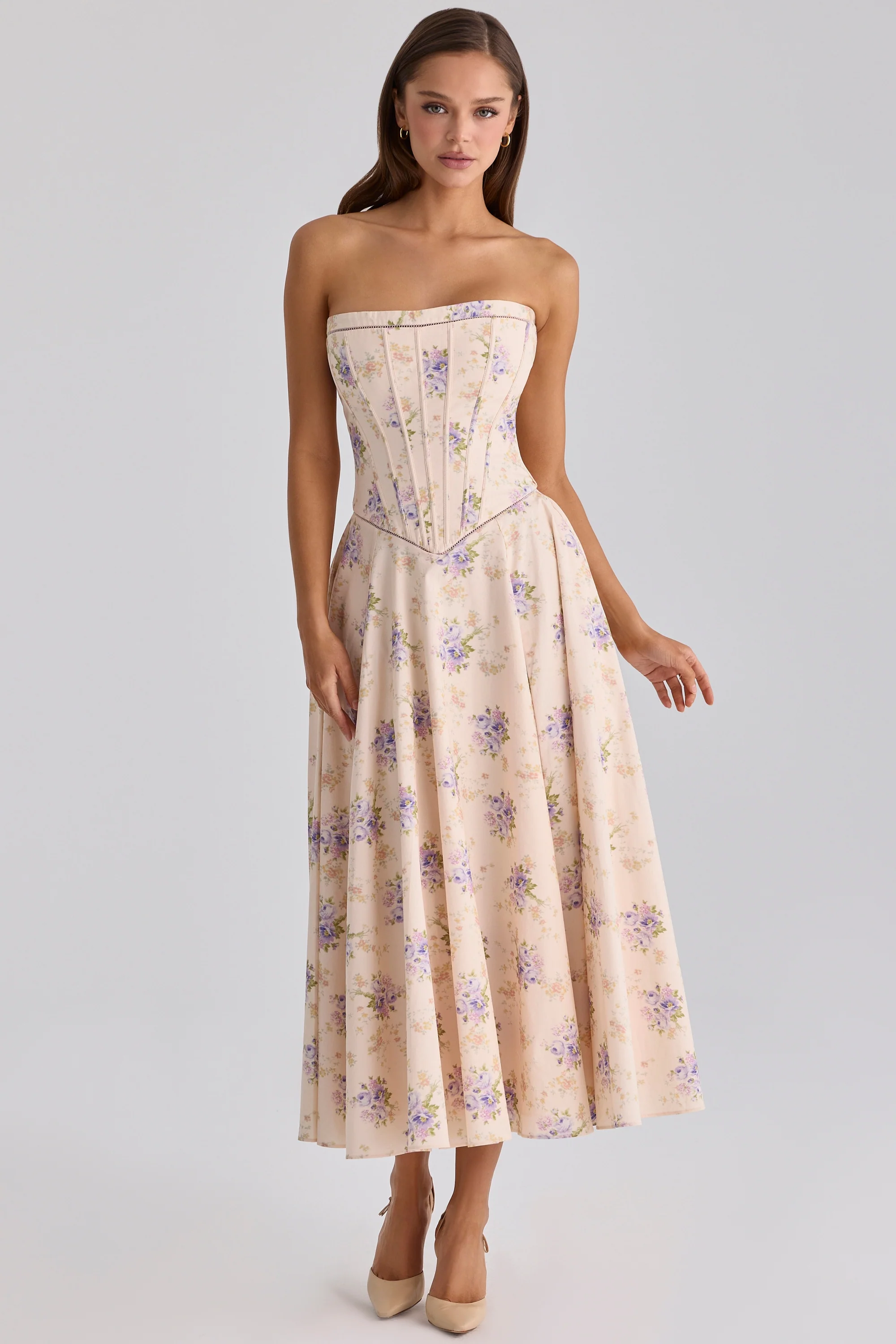 Ivory Sweet Peony Floral Print Strapless Maxi Dress