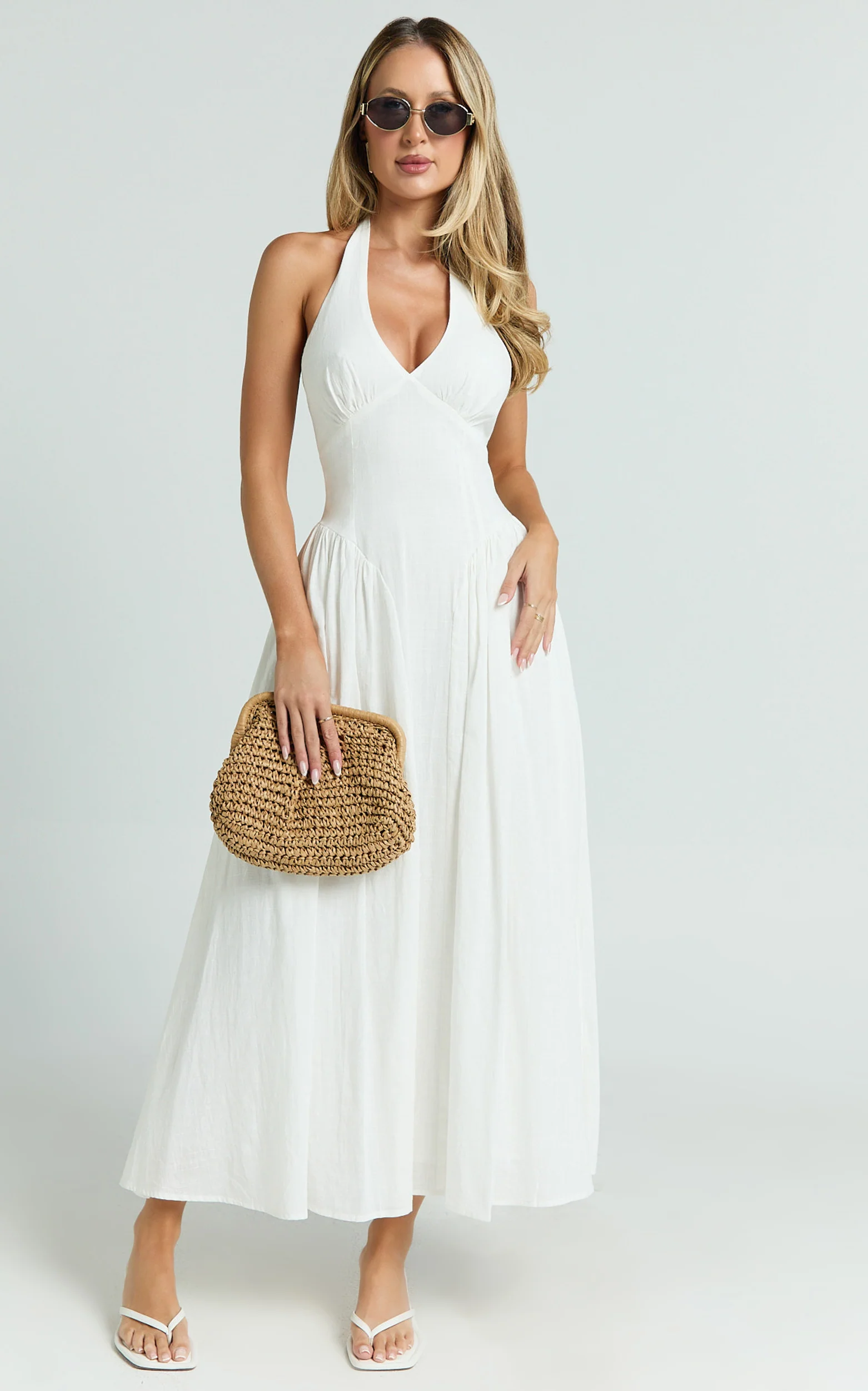 Athena Midi Dress - Halter Drop Waist Dress in White