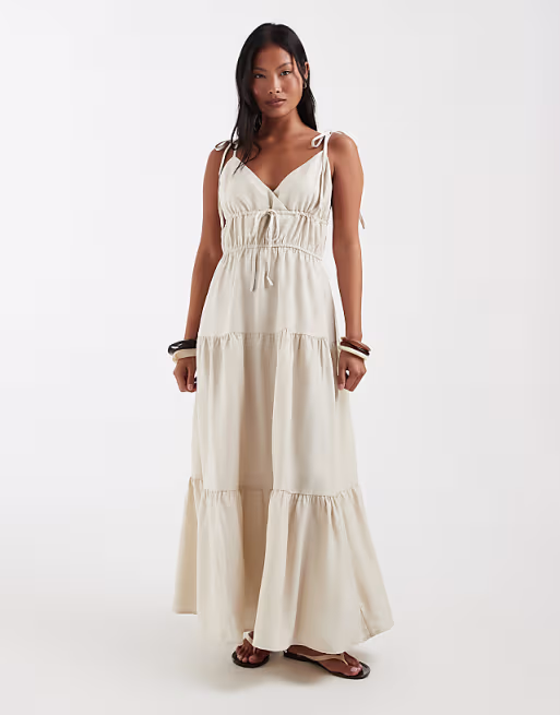 Vero Moda Petite tie shoulder cami midi tiered dress in oatmeal