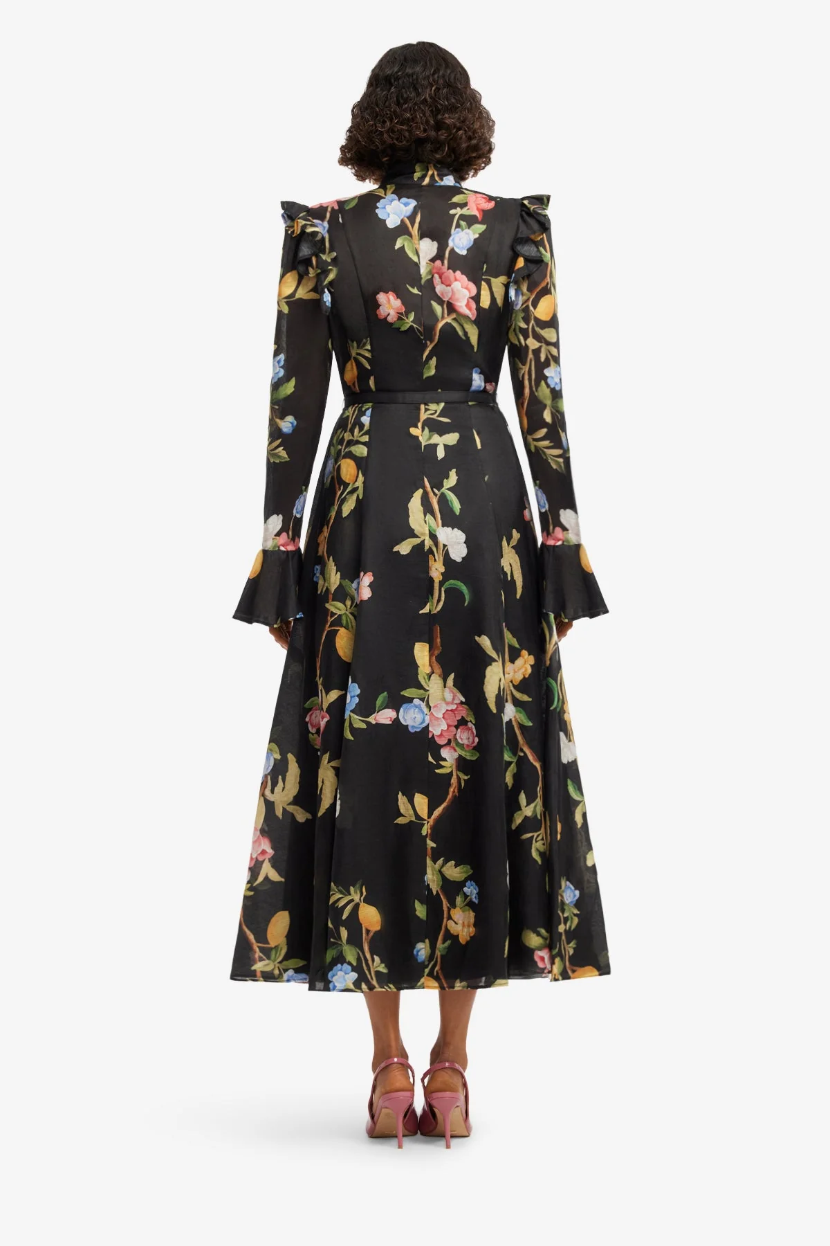 Katrina Butterfly Sleeve Midi Dress - Lemon Vine Print in Ebony