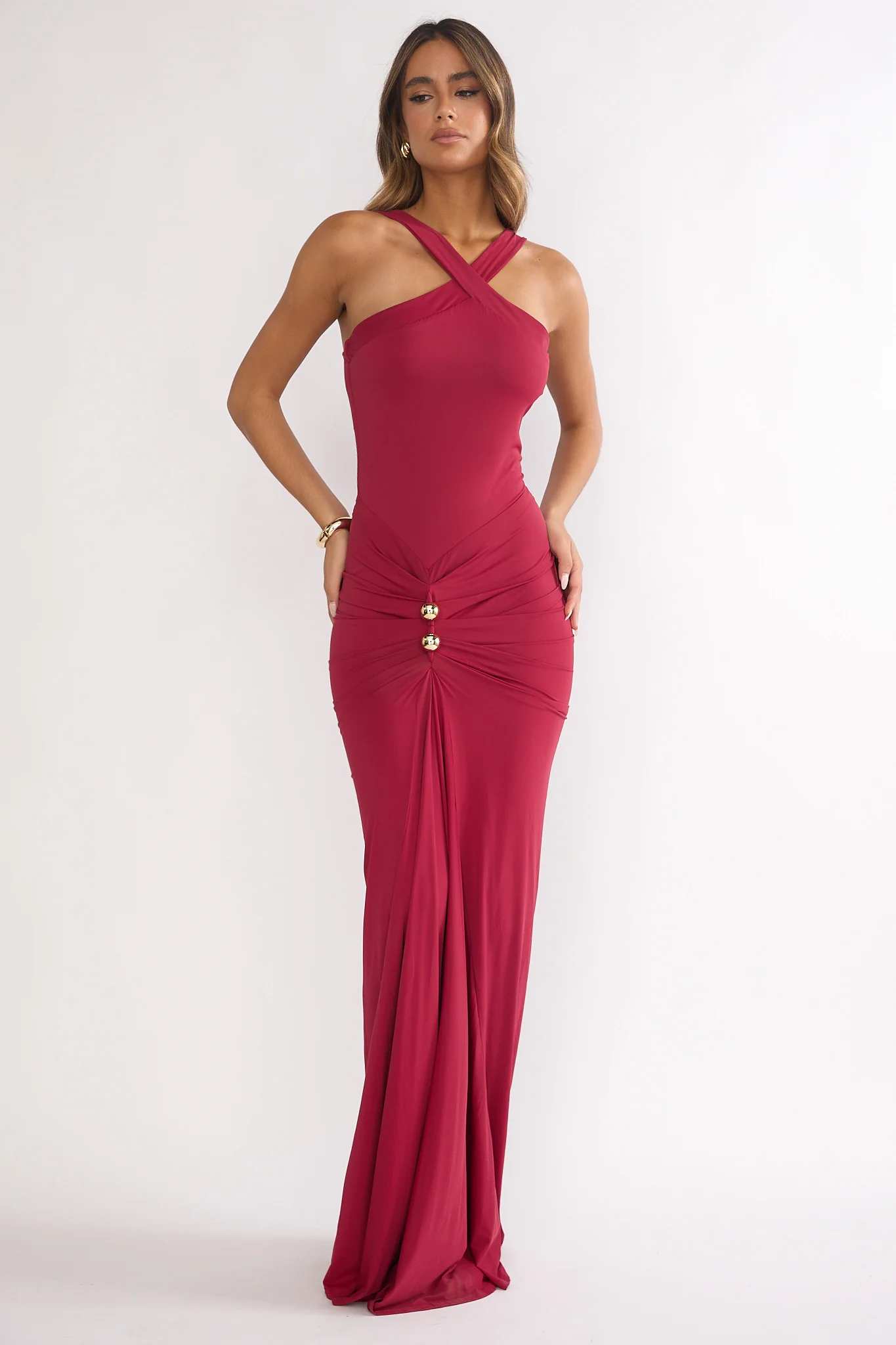 Delaina Ruched Waist Gold Accent Maxi Dress Wine