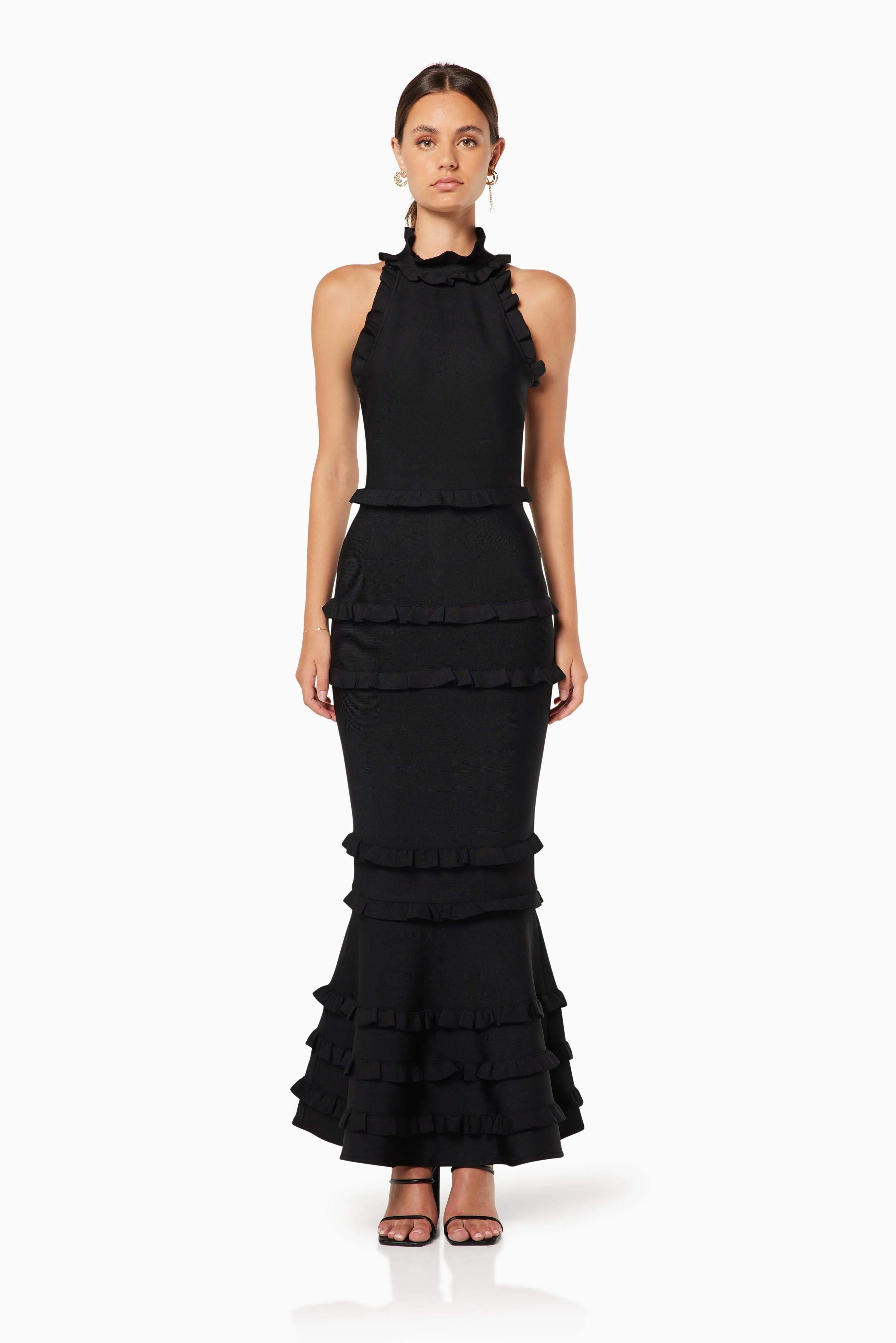 Theatrical Fitted Maxi Gown In Black