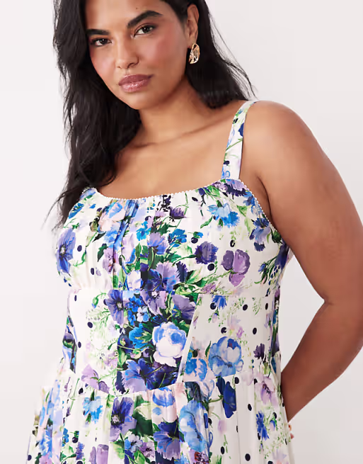 Hope & Ivy Plus a-line strappy corset midi dress in white and blue spot floral print