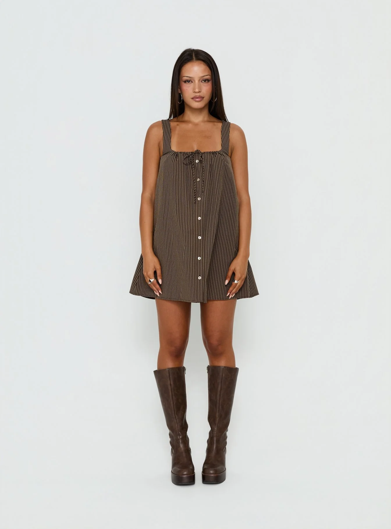 Bambalina Babydoll Mini Dress Brown Stripe