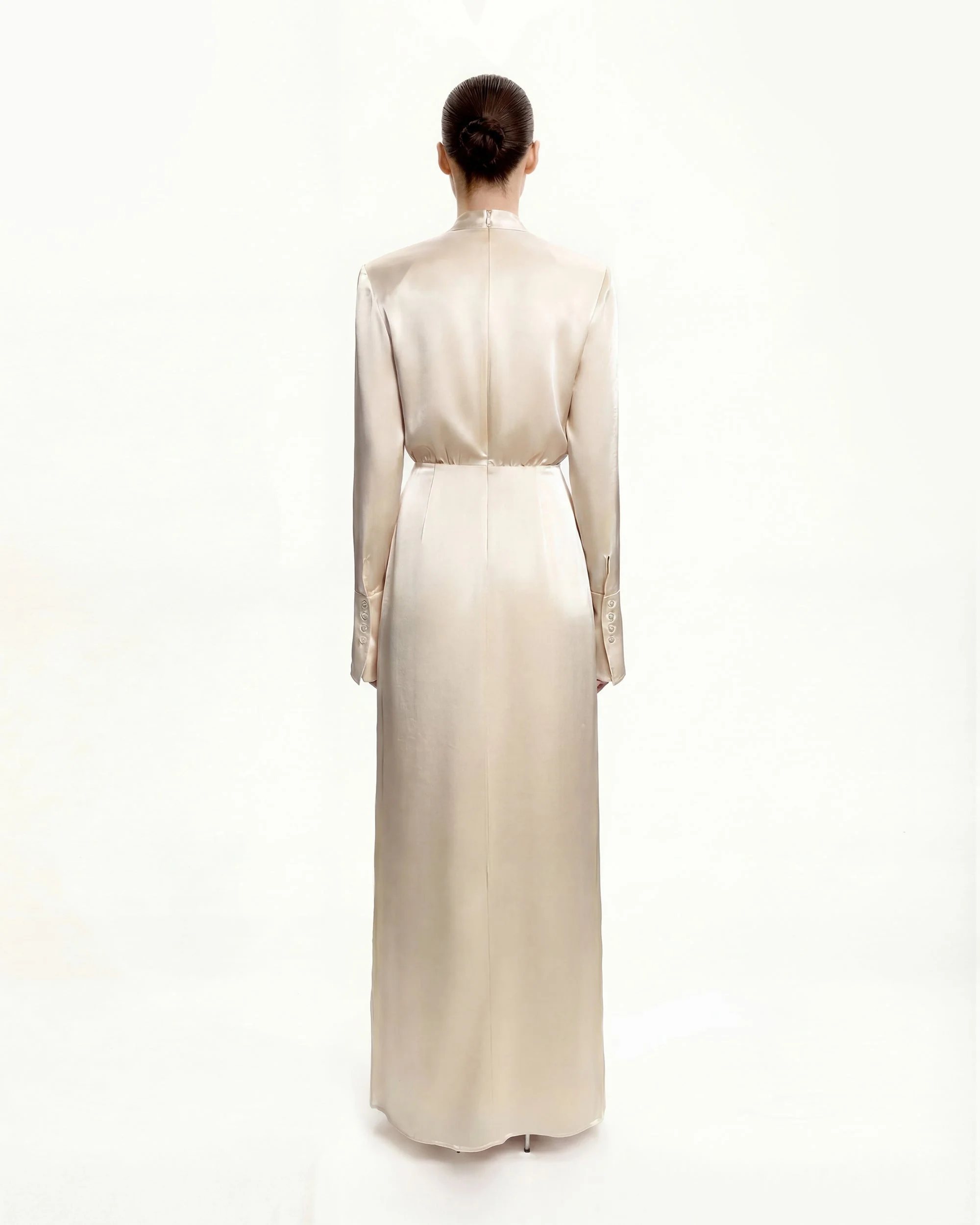 Structured Shoulder Design Satin High-Neck Fitted Maxi Dress - Cream - FASHION NOB