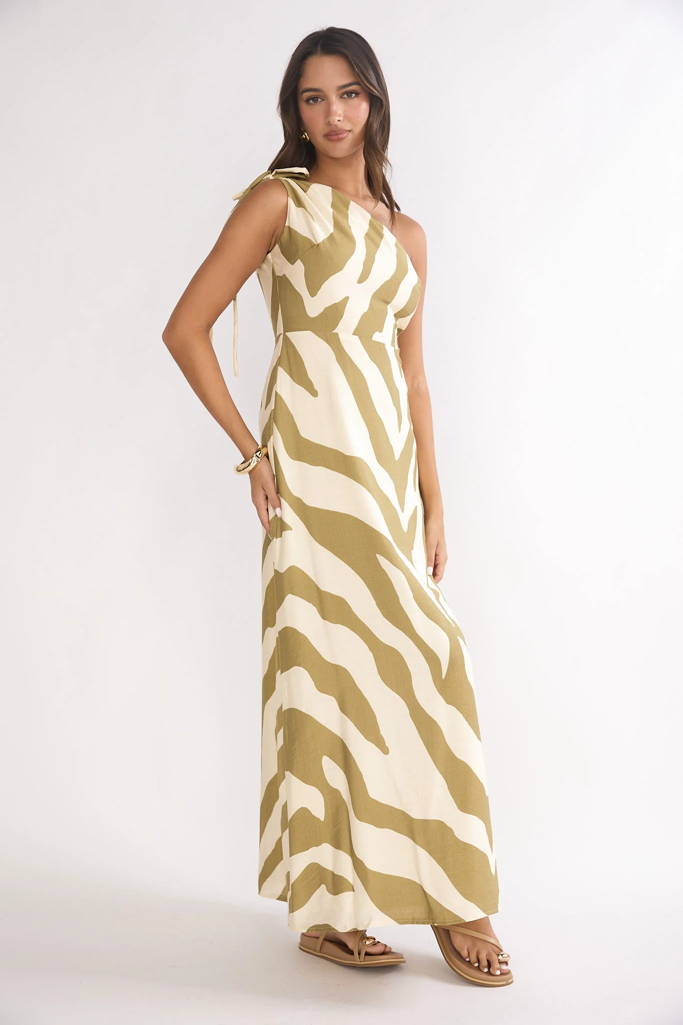 Tavina One-Shoulder Maxi Dress Zebra Khaki - luluinthesky