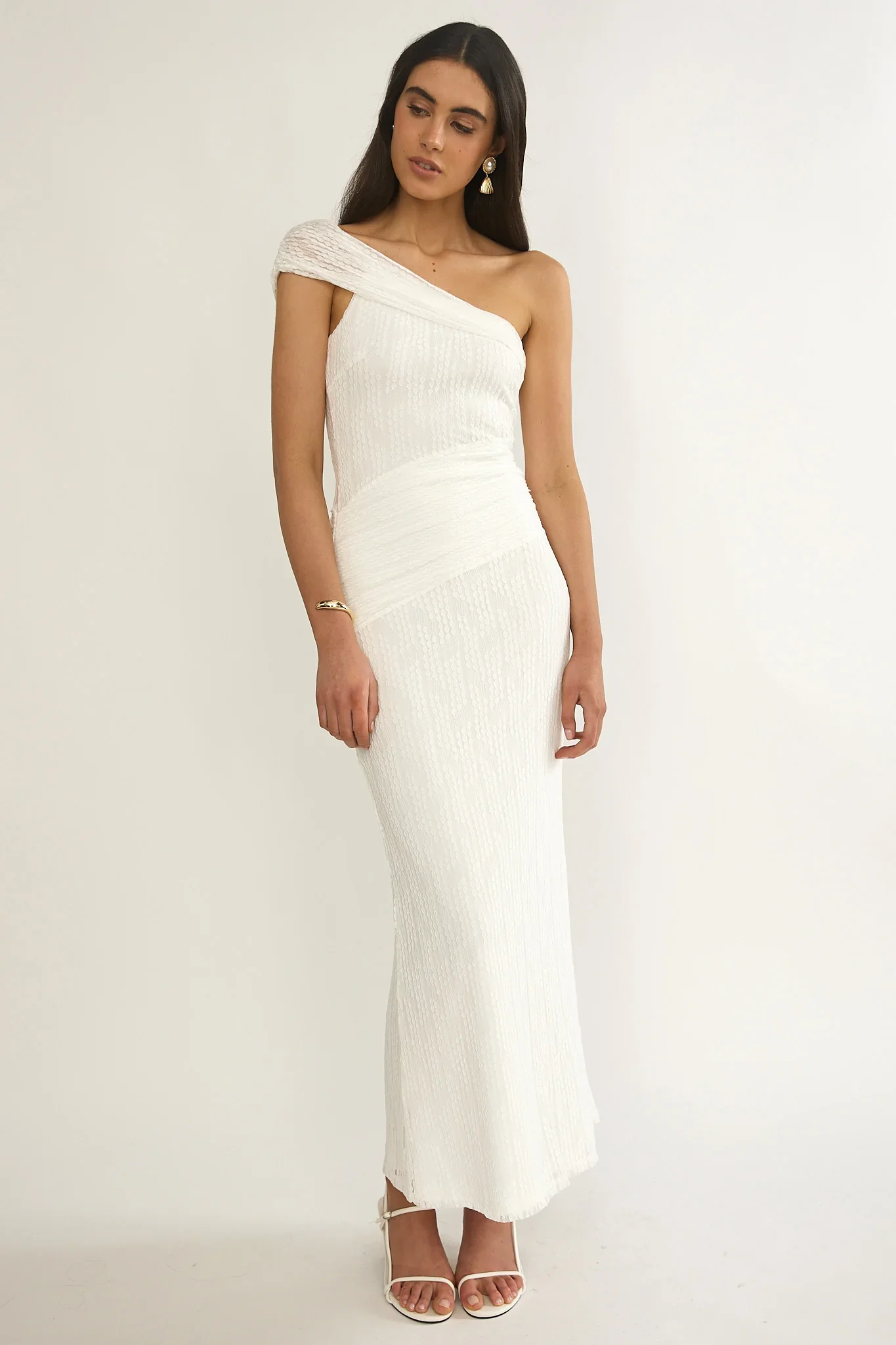 Gala One-Shoulder Textured Maxi Dress White