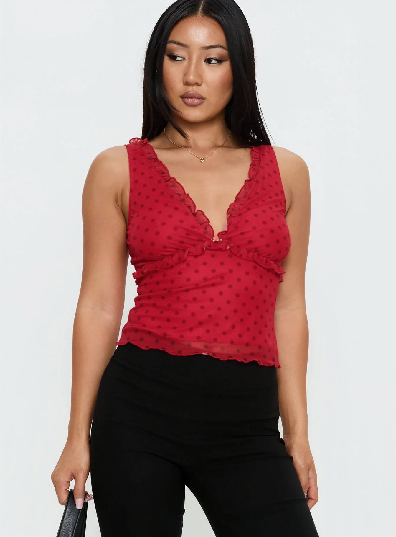 Azira Frill Detail Top Red Polka