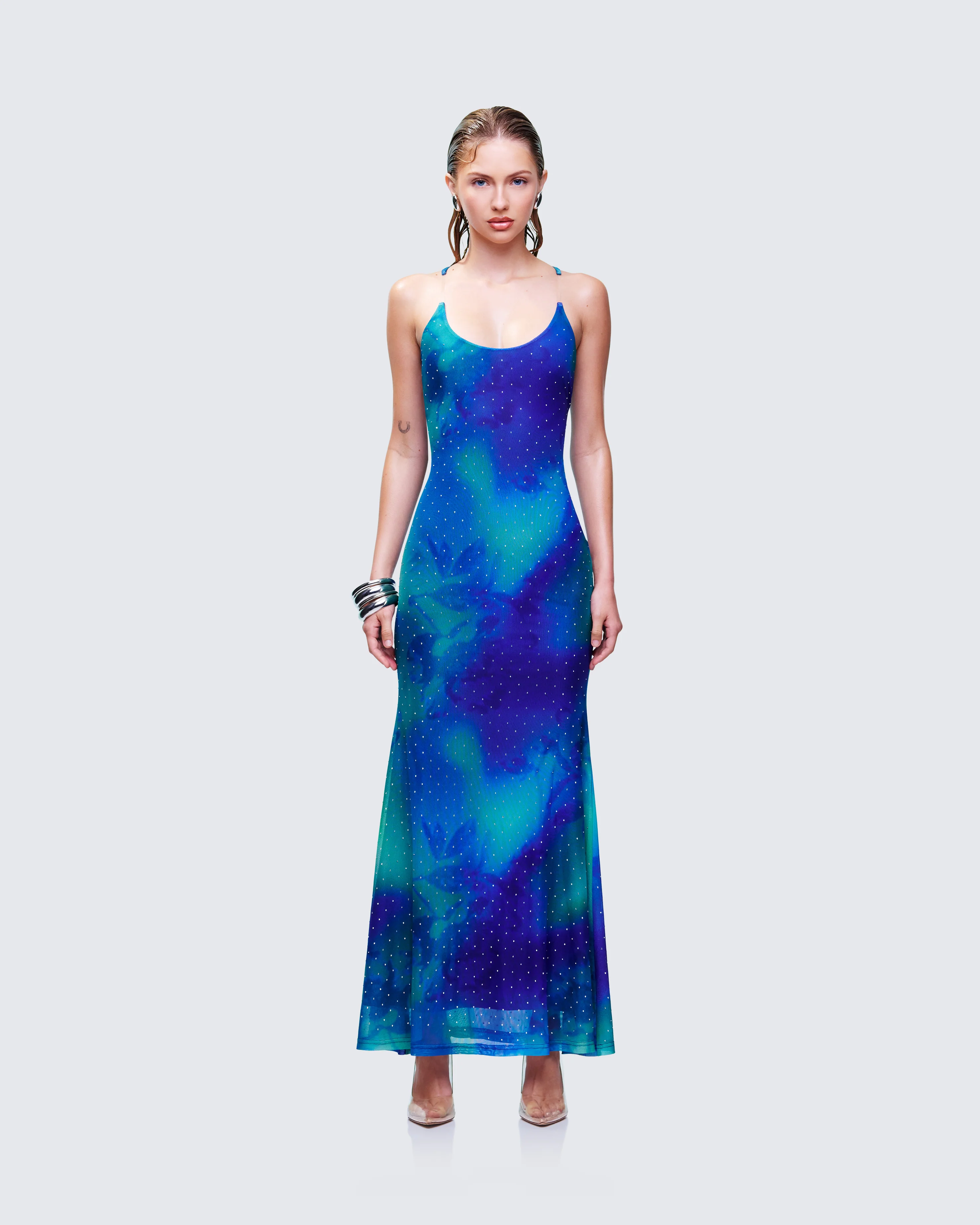 Naya Blue Printed Mesh Maxi Dress