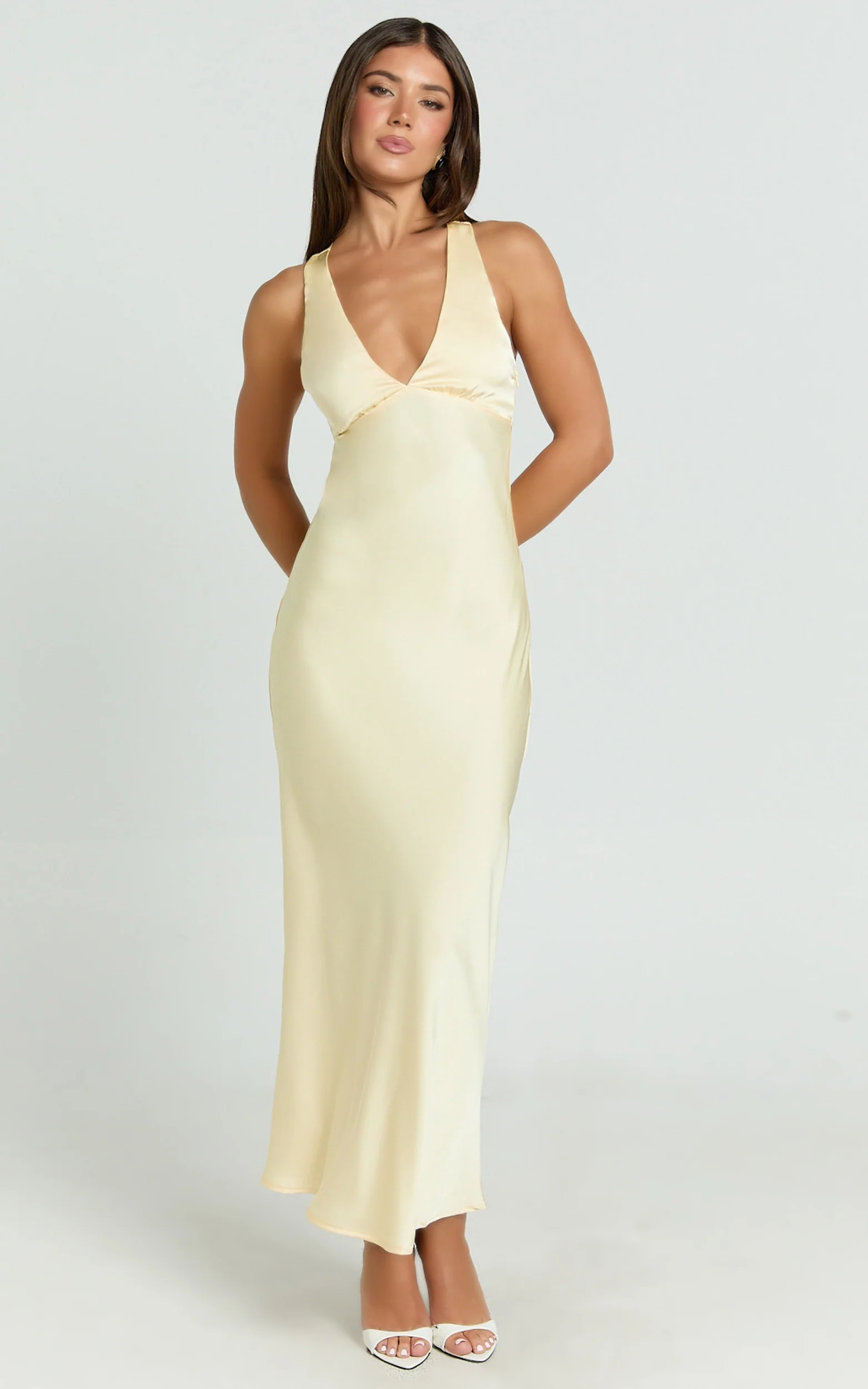 Khalani Midi Dress - Deep V Neck Satin Slip Dress in Butter Yellow