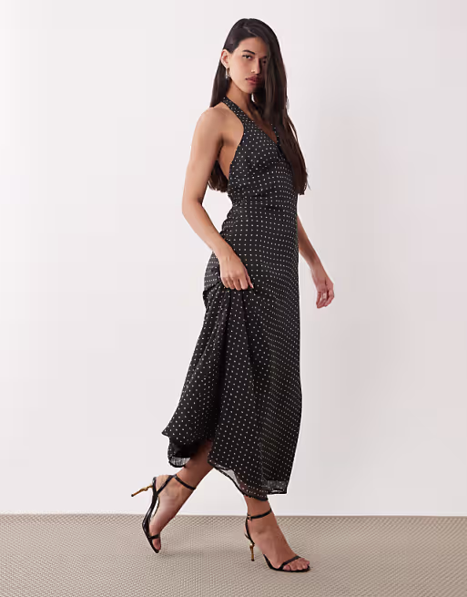 YAS polka dot halterneck maxi dress in black and white