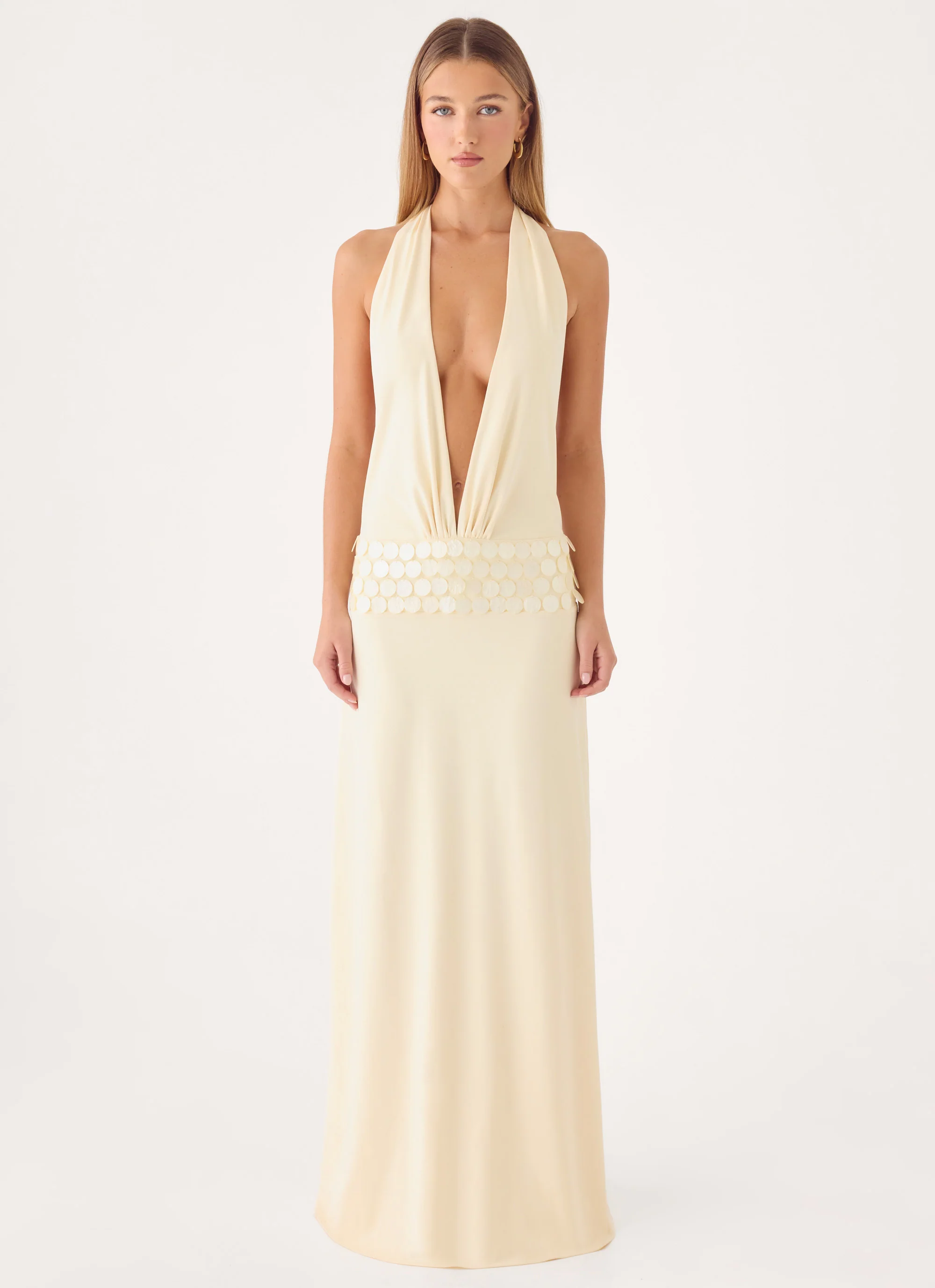 Kolisa Beaded Halter Maxi Dress - Cream - luluinthesky