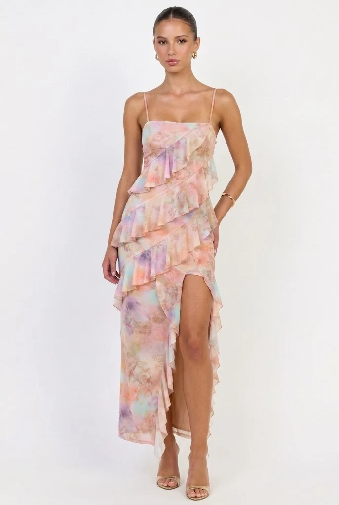 Cherub Party Mesh Ruffle Maxi Dress