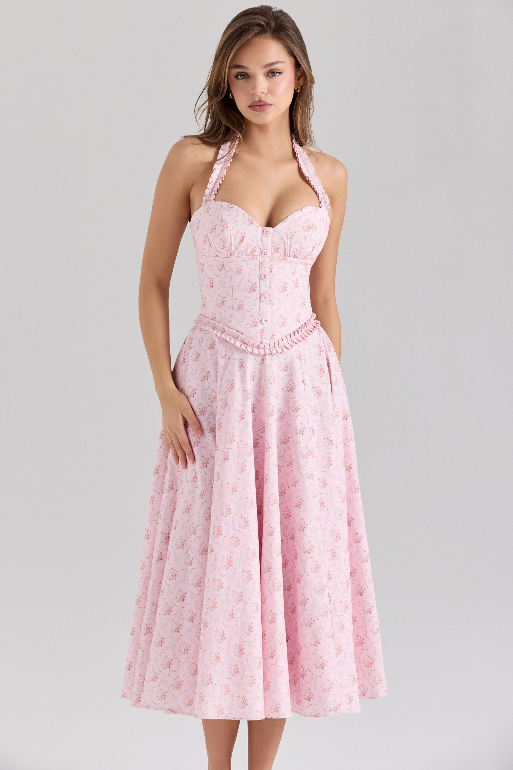 pink rose print stretch cotton halter neck midi dress