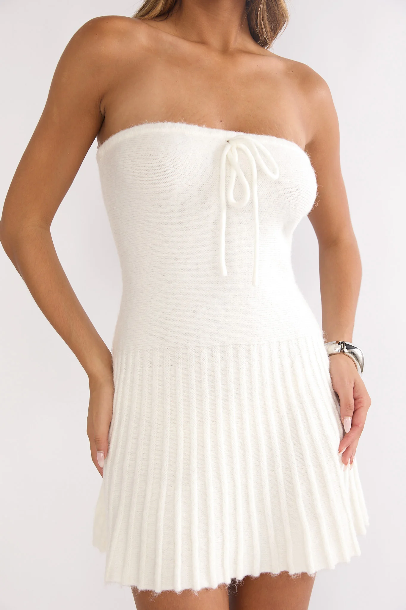 Hollis Strapless Pleat Hem Knit Mini Dress White