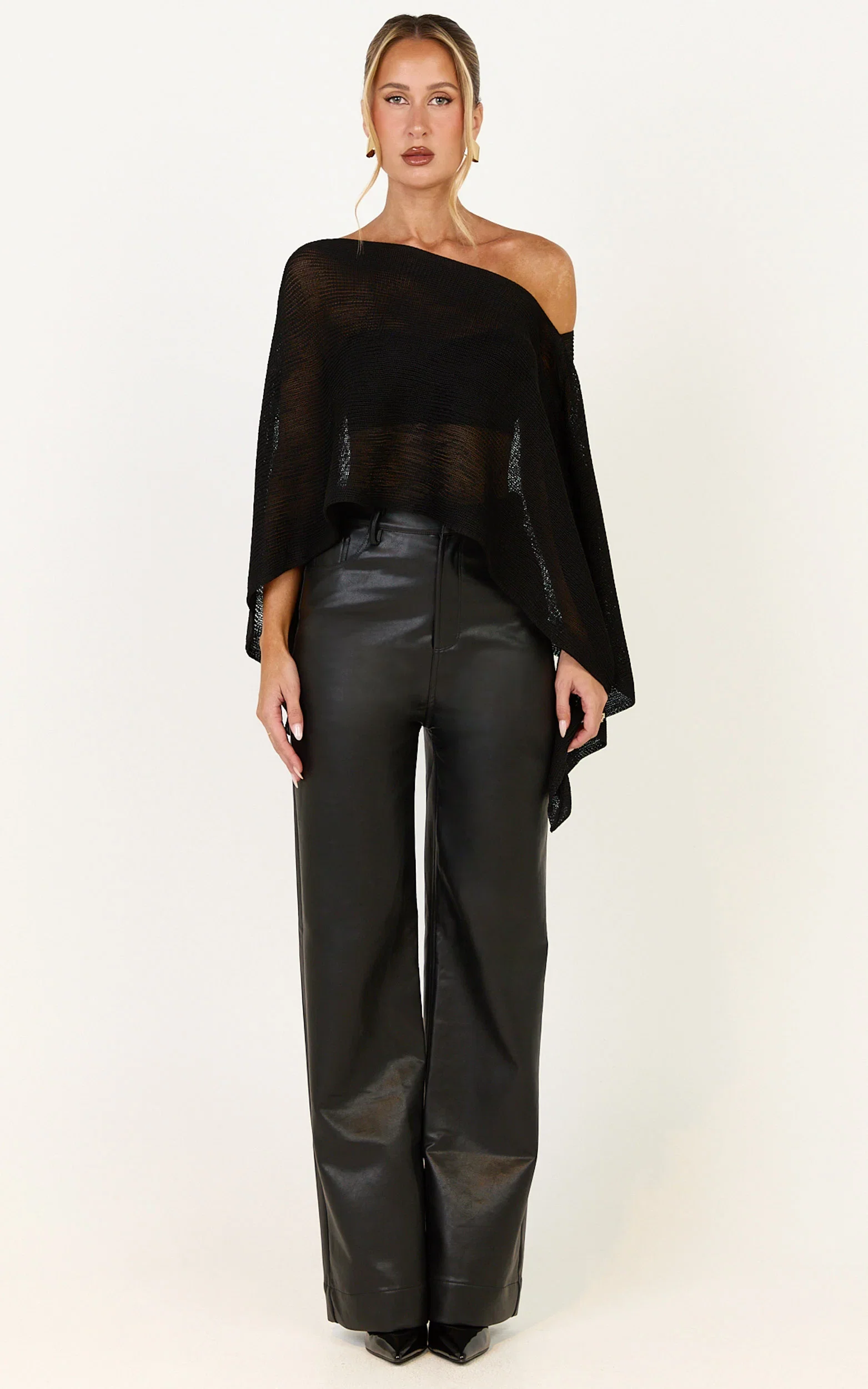 Amarie Top - Sheer Knit Off Shoulder Cape Top in Black