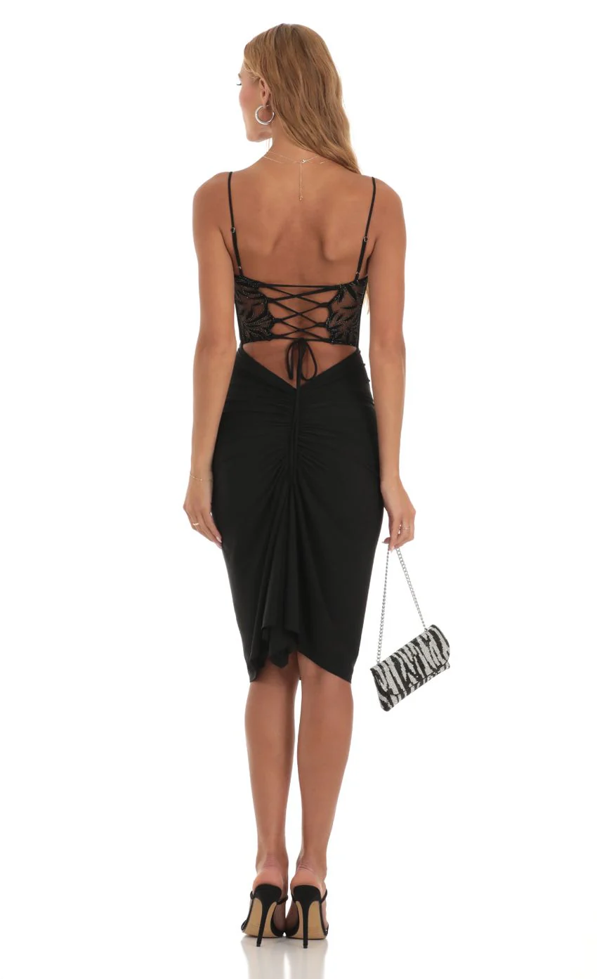 Mesh Shimmer Cutout Midi Dress in Black