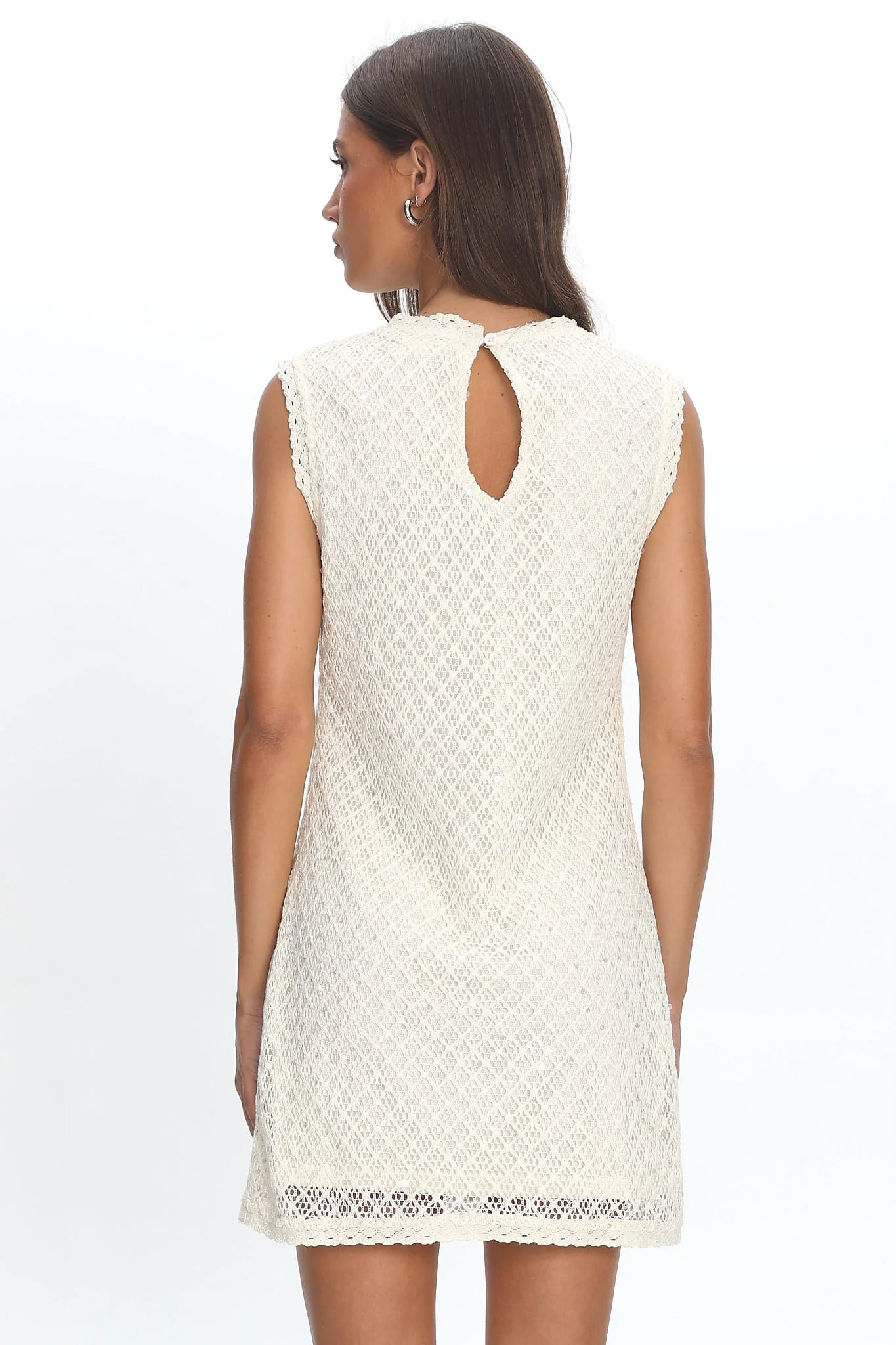 Alvena Crochet Lace Shift Dress Sequin White