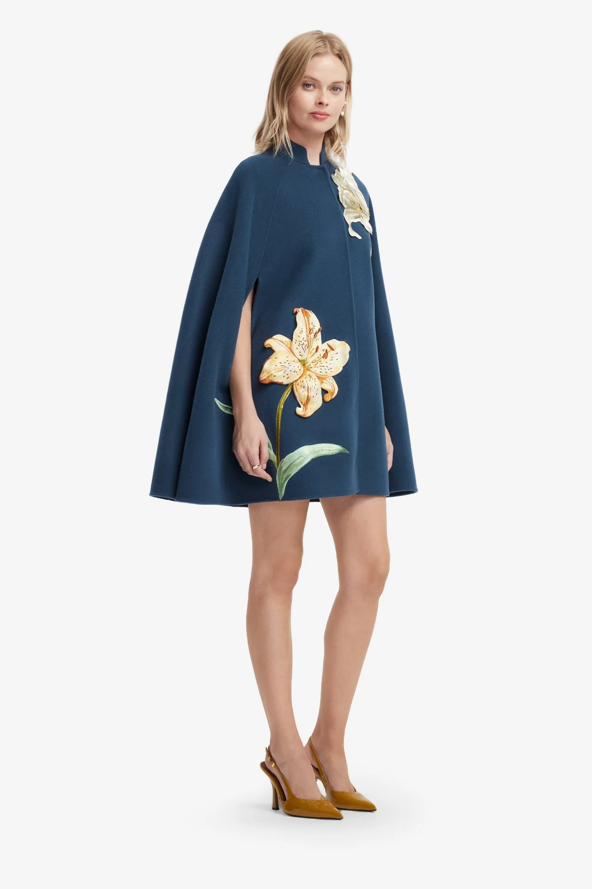 Sloane Embroidered Wool Cape Jacket - Lily Print in Indigo
