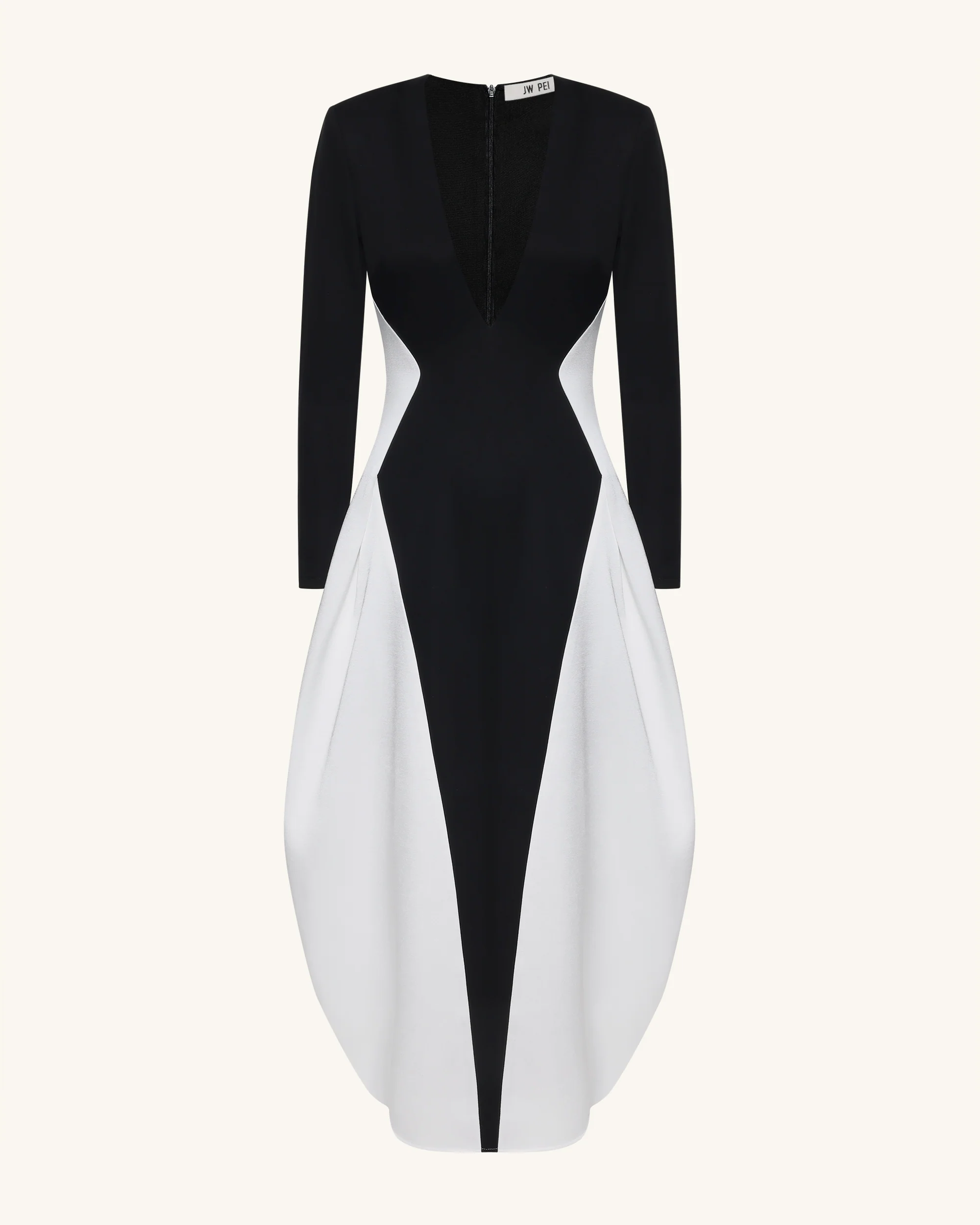 Monochrome Paneled Plunging V-Neck Long-Sleeve Maxi Dress - Black - FASHION NOB