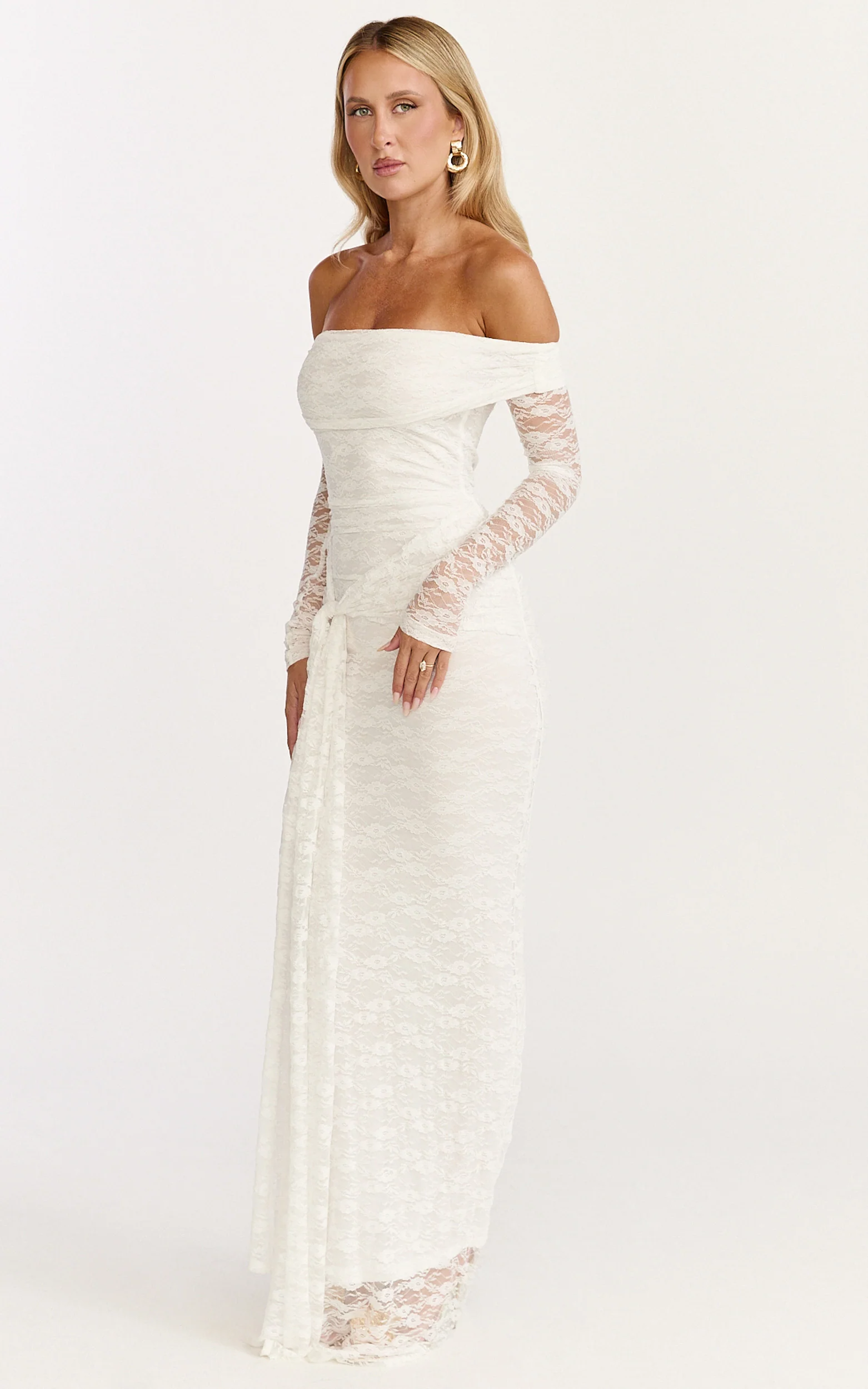 Melville Maxi Dress - Off Shoulder Long Sleeve Lace Dress in White